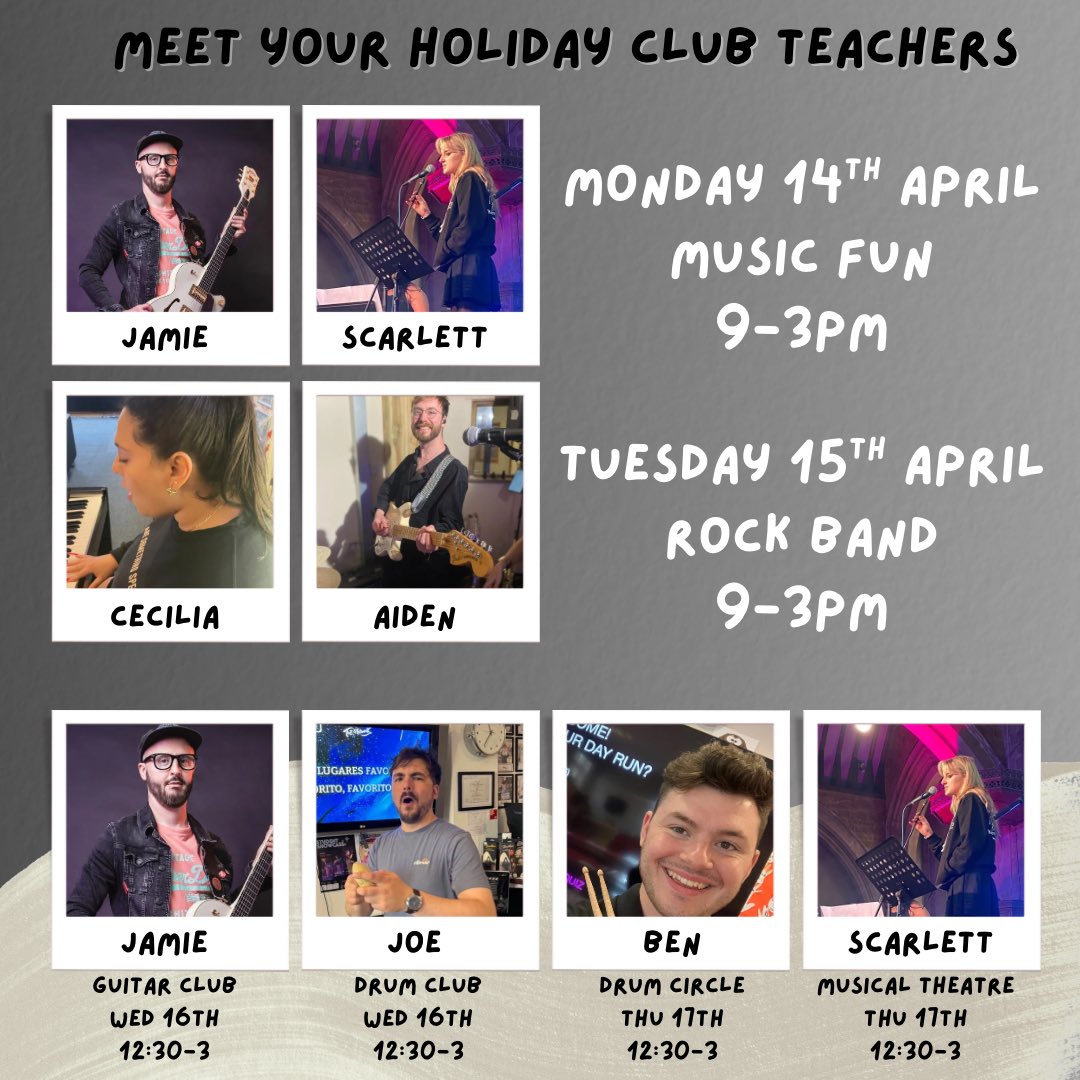 🎶 Meet your Holiday Club Teachers 🎵 

All these are well experienced, incredible teachers! 

Don’t miss out, last few spaces remaining so sign up today:

forms.gle/7JuUVSP1qvAP3o…