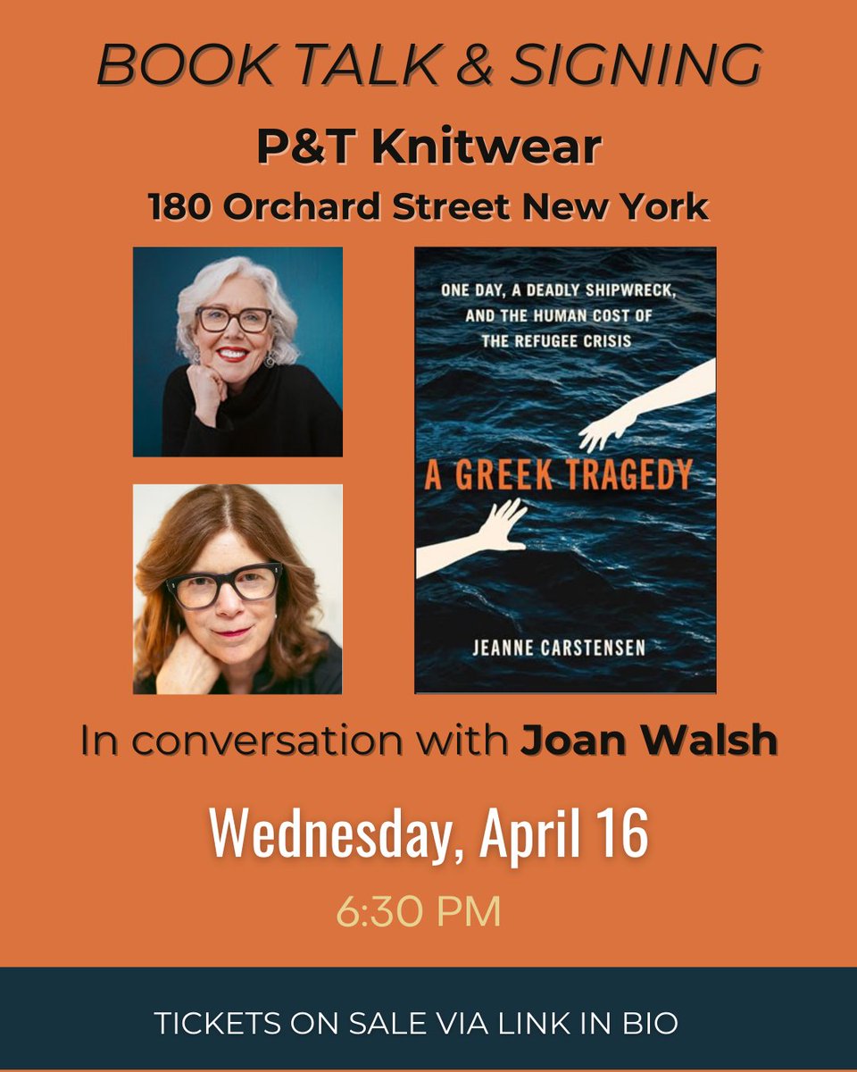 jcarstensen's tweet photo. Hello New York friends! Please join me this Wednesday, April 16 at 6:30 PM  at P&amp;T Knitwear @ptknitwear to celebrate the launch of A Greek Tragedy! I’ll be in conversation with the Nation’s Joan Walsh @joan_m_walsh, followed by a book signing. https://t.co/eNztP6TiNm