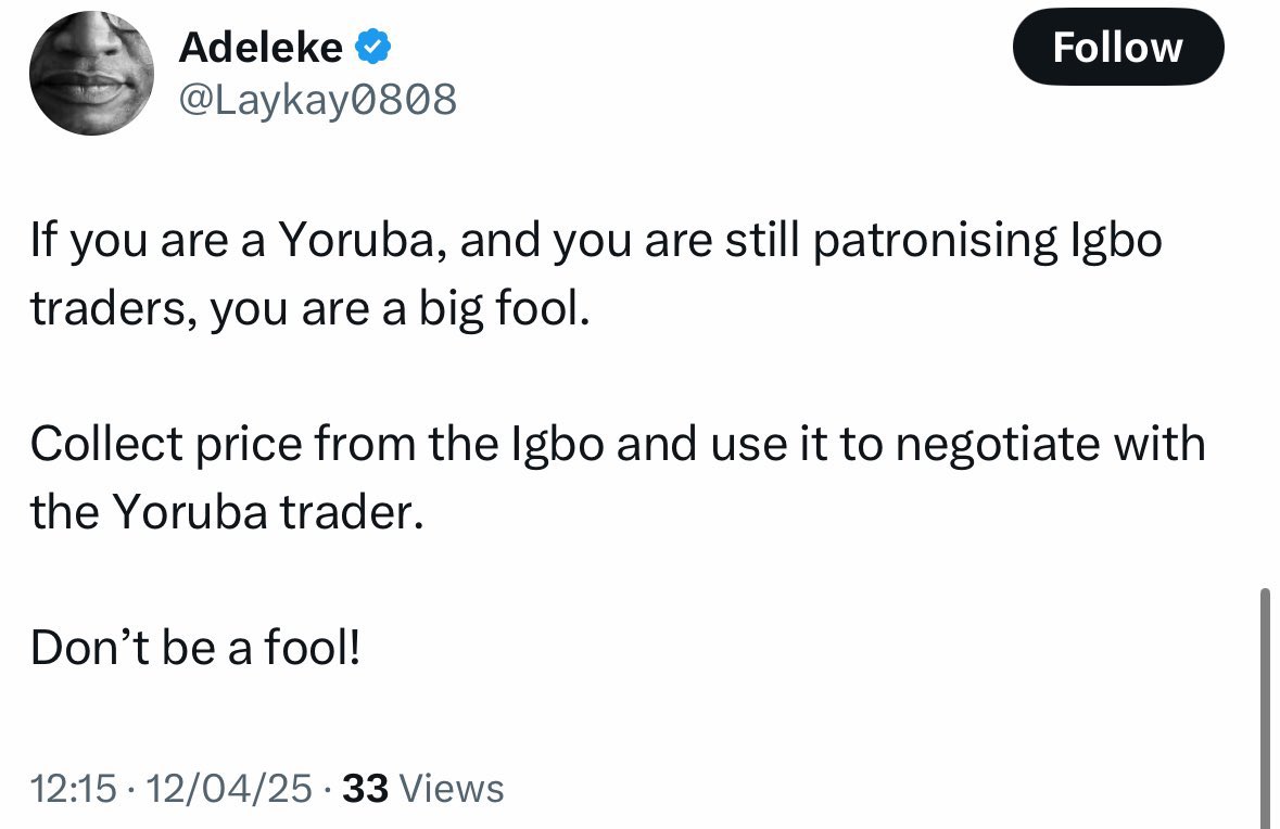 SizweBansii's tweet photo. If you are Igbo and u are patronizing #fatasi #yariba business u are a f00L. Top the price for the Ndi ofe mmanu , they don’t have option than to buy cause they are too lazy to do any business. https://t.co/CGpFVWg8Tu