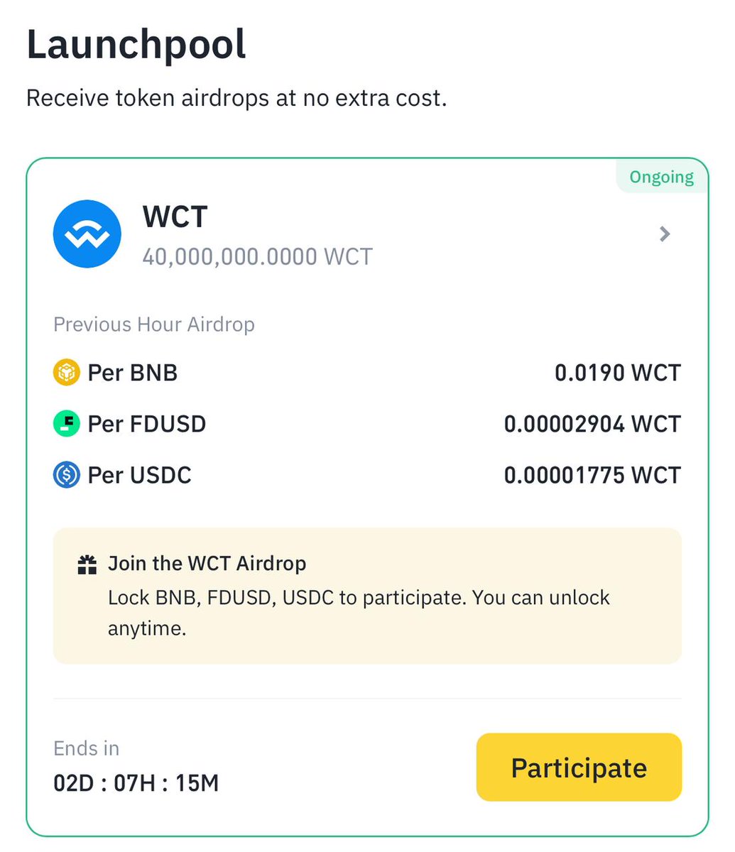 CryptomechanicX's tweet photo. ** Your Opportunity to get some free Tokens**
WalletConnect (WCT) is the 67th Project on Binance Launchpool

The leading protocol for connecting crypto wallets to dApps, is launching its governance token WCT — and you can farm it for FREE on Binance Launchpool right now! Before that lets discuss what is Walletconnect.

🔸Founded in 2018, WalletConnect solves major UX pain points by enabling secure, end-to-end encrypted wallet-to-app connections across all blockchains. With the upcoming WCT token, the project is entering a new era of decentralized governance, staking rewards, and network participation.

** What is WCT? **

$WCT is the native governance and utility token of the WalletConnect Network. It powers the ecosystem through:

🔸Fees: Token holders will vote on enabling fees for services like relay usage.

🔸Rewards: 17.5% of the supply is allocated for staking & user incentives.

🔸Staking: Earn rewards by locking your WCT to support the network.

🔸Governance: Vote on key decisions and shape the future of WalletConnect.

** Future Use Cases Include **

•Network fee payments

•UX improvement bounties

•Voting on seasonal wallet incentives

•Early access to beta testing programs

•Staking for app certification participation

** WTC Tokenomics**

Total Supply: 1B WCT

Initial Circulating Supply: 186.2M WCT (18.62%)

How to Farm WCT?

1.Head to Binance Launchpool

2.Stake BNB, FDUSD, or USDC

3.Start earning WCT tokens passively

you can Also use these direct links 👇

https://t.co/y77OMoRUWS  👈

https://t.co/BgVYlRnuod👈

https://t.co/Vd8b5fkWcu 👈

No risk, no cost — just passive farming by holding your crypto!

WCT will be listed on April 15, 2025 @ 11:00 UTC

You can read more about Wallet connect in this Article 👇

https://t.co/RZUnfpnhnS 👈

I hope this post is helpful , What is your Price Prediction?