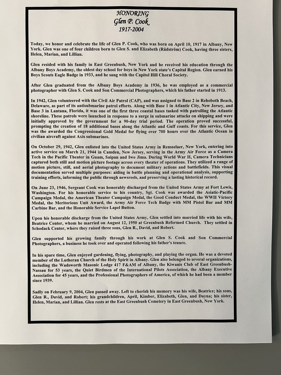 Chairwoman Kelly Hoffman invites everyone to our monthly Honor A Vet ceremony at 8:30am on Monday, April 14. 

We will honor the life and service of Glen P. Cook of East Greenbush. 

Following the ceremony, we will unveil the 2024 Honor A Vet plaque in our Hall of Heroes.