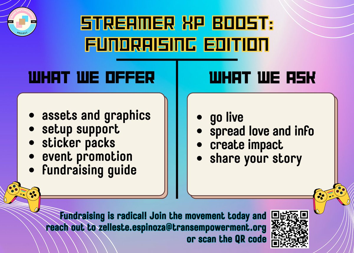 trans_empowered's tweet image. Your stream can save lives. No joke. 💜 Host a fundraising stream for Trans Empowerment Project and get cool perks, graphics, promo, and the joy of making a difference. Let’s game for good, hit us up and we'll help you get started. 🎮✨ #InfluenceForGood