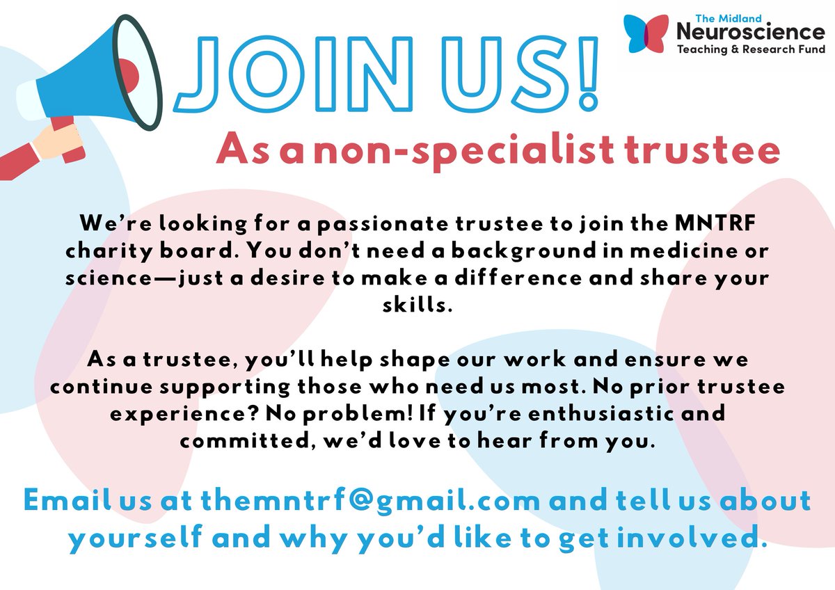 Midland Neuroscience Teaching and Research Fund (@themntrf) on Twitter photo 🚨 We’re looking for a passionate new trustee to join the MNTRF board! No science/medical background needed—just a desire to make a difference 📷 No trustee experience? No problem! If you're committed + enthusiastic, we want to hear from you, email: themntrf@gmail.com 🚨 We’re looking for a passionate new trustee to join the MNTRF board! No science/medical background needed—just a desire to make a difference 📷 No trustee experience? No problem! If you're committed + enthusiastic, we want to hear from you, email: themntrf@gmail.com