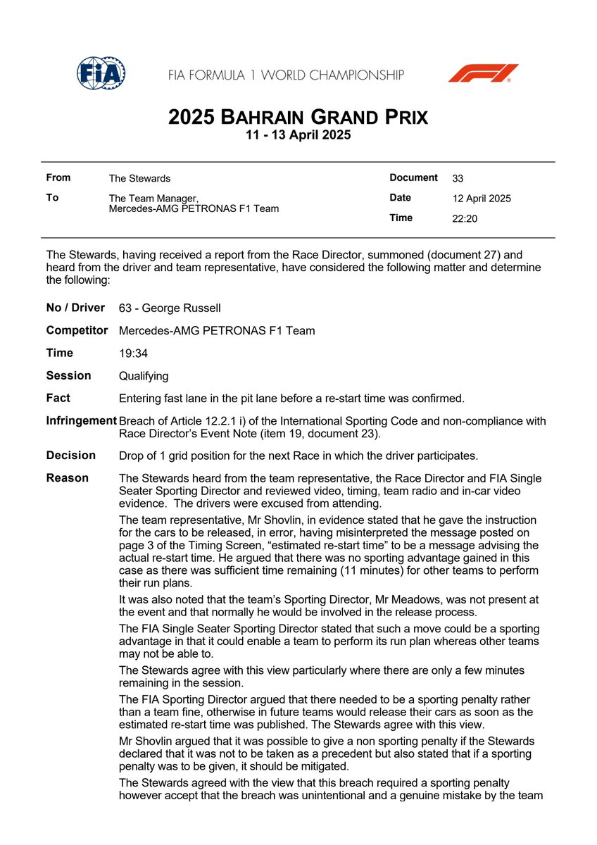 fia's tweet image. DOC 33 - Infringement - Car 63 - Alleged failure to follow Race Director's instructions (Fast lane) fia.com/documents #BahrainGP #F1 #FIA