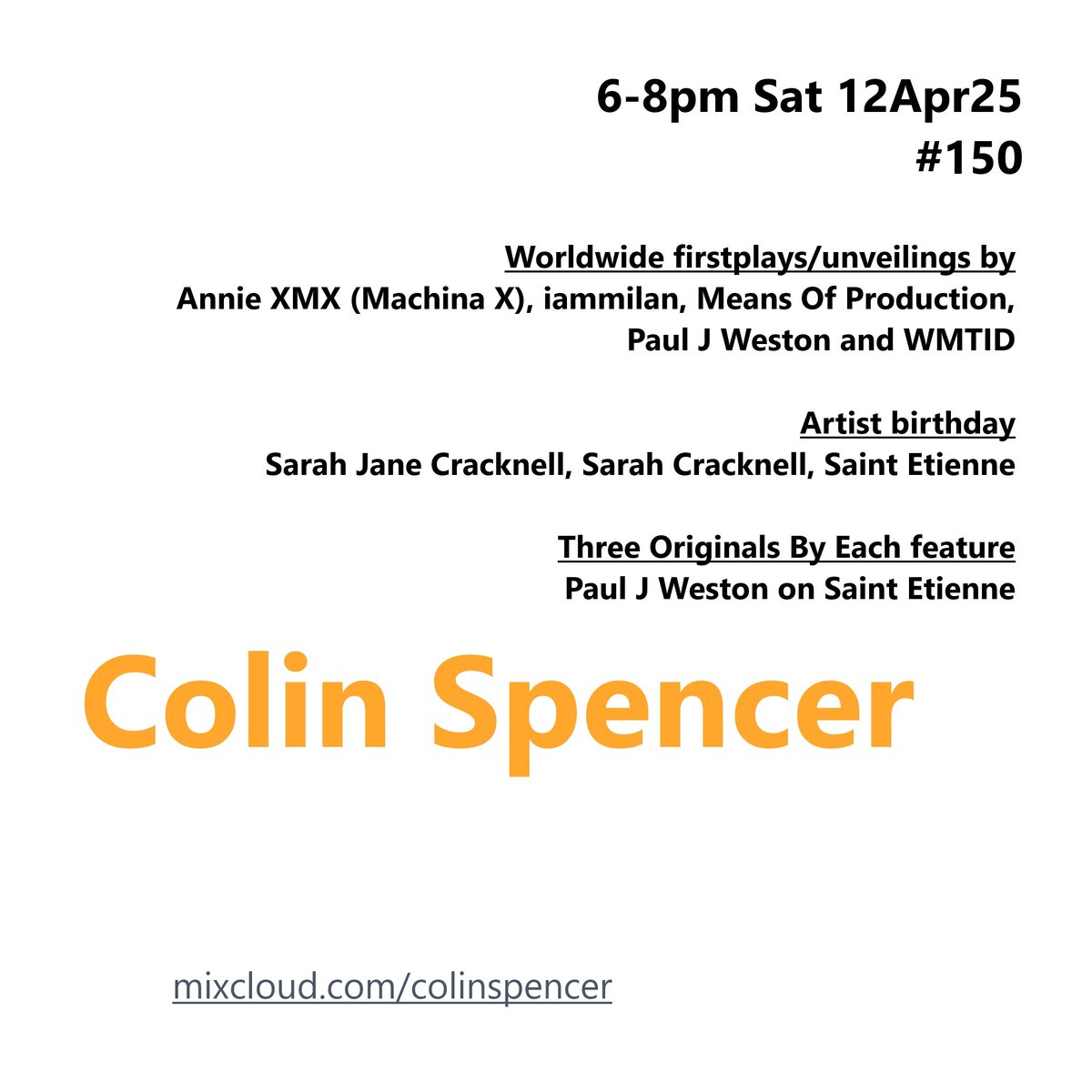 Colin Spencer #AllAboutTheMusic #GenerationBlitz (@colinscuts) on Twitter photo #ColinSpencer Programme #150
▶️mixcloud.com/ColinSpencer/c…
featured, at least, SEVEN worldwide #EXCLUSIVE firstplays thanks to #AnnieXMX (#MachinaX), #iammilan:#IdiotSynchrony, #MeansOfProduction, 3x #PaulJWeston and #WMTID
#DiscoverAndRemember <a href="/mnsfprdctn/">Means Of Production (mnsfprdctn on bsky)</a> <a href="/Paul_J_Weston/">Paul J Weston music</a> and others #ColinSpencer Programme #150
▶️mixcloud.com/ColinSpencer/c…
featured, at least, SEVEN worldwide #EXCLUSIVE firstplays thanks to #AnnieXMX (#MachinaX), #iammilan:#IdiotSynchrony, #MeansOfProduction, 3x #PaulJWeston and #WMTID
#DiscoverAndRemember <a href="/mnsfprdctn/">Means Of Production (mnsfprdctn on bsky)</a> <a href="/Paul_J_Weston/">Paul J Weston music</a> and others