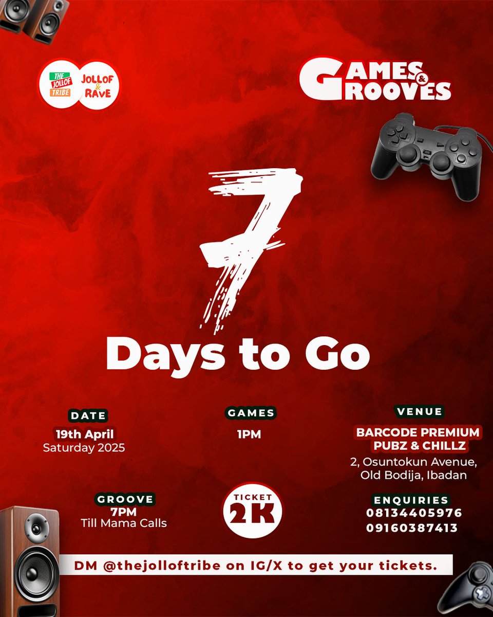 Gharmma1's tweet photo. It’s A Perfect Time to get your Tickets 
Countdown 7 days to go. Let’s Go!!!! 

Tickets available for Just 2k 

Get your Tickets Now - 
https://t.co/mEEGpEjG6o

I can't wait to see y'all there 🤭🤭

#Jolloftribe #gamesandgrooves #ibadanevent https://t.co/C4Qcqp2L0M