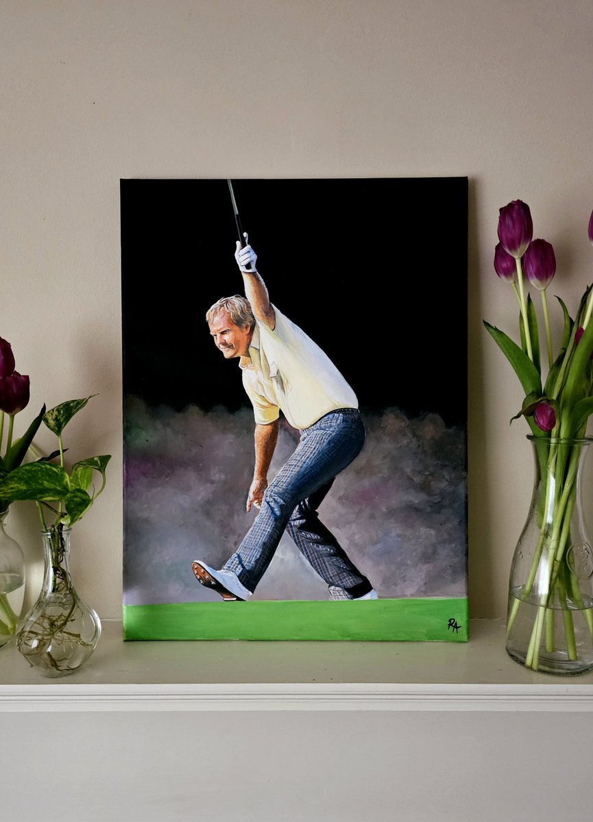 Painting of Jack Nicklaus chipping in at the '86 Masters