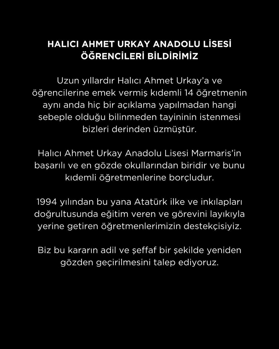 Proje okullarında sessizlik değil, direniş büyüyor!

📍Aliağa Alp Oğuz Anadolu Lisesi
📍Kepirtepe Anadolu Lisesi
📍ÇEAŞ Anadolu Lisesi
📍Halıcı Ahmet Urkay Anadolu Lisesi
📍Sakarya Cemil Meriç Sosyal Bilimler Lisesi
📍Kars Fen Lisesi
📍Yusuf Kemalettin Perin Fen Lisesi
📍Bursa