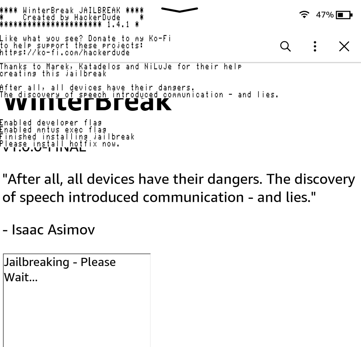 enya_farina's tweet photo. Ayer les conté que iba a hacer el "jailbreak" de mi Kindle. Esto significa que liberas a tu aparato de las limitaciones impuestas por Amazon, permitiéndote quitarle limitaciones, instalar otros programas, bloquear las actualizaciones de Amazon, etc. Acá les cuento mi experiencia. https://t.co/gmxmyOfweo