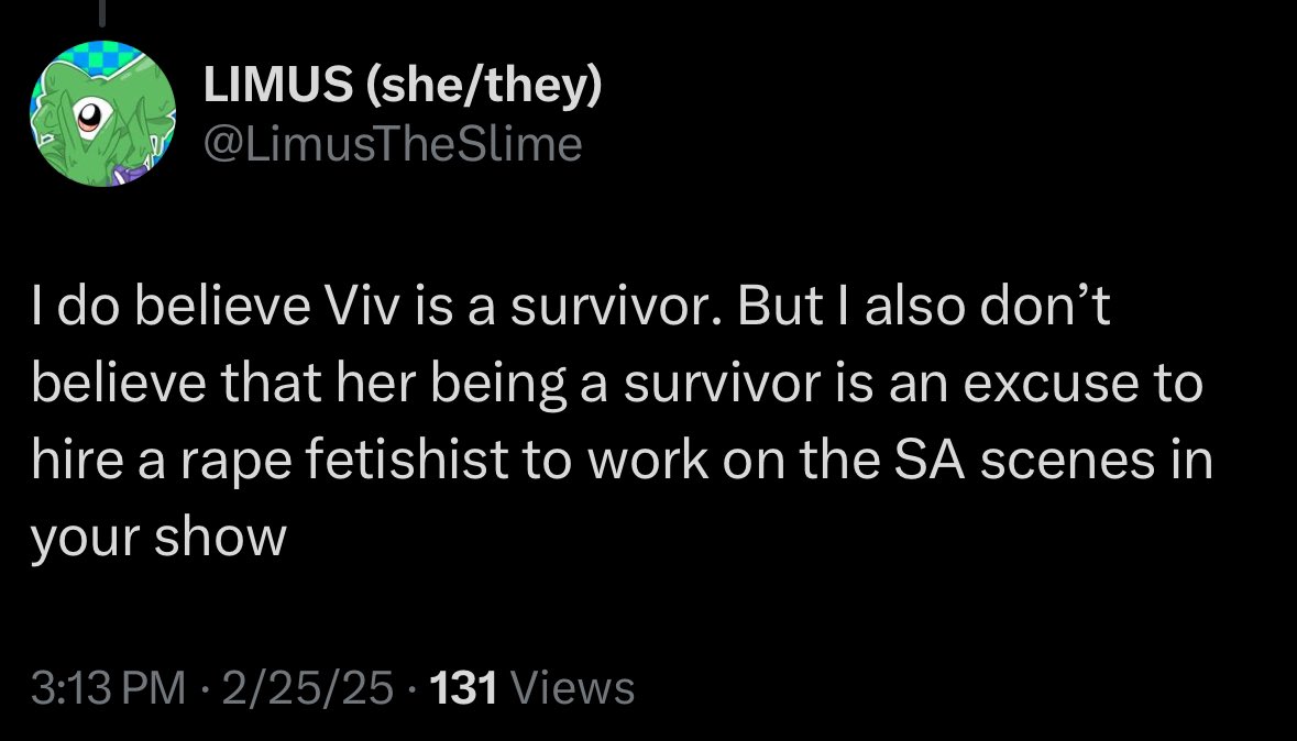 ValorVex's tweet photo. @LimusTheSlime It’s so funny cuz you straight up said you believe she’s a survivor LMAO, idk what this guy is smoking https://t.co/cwXckIz1hU