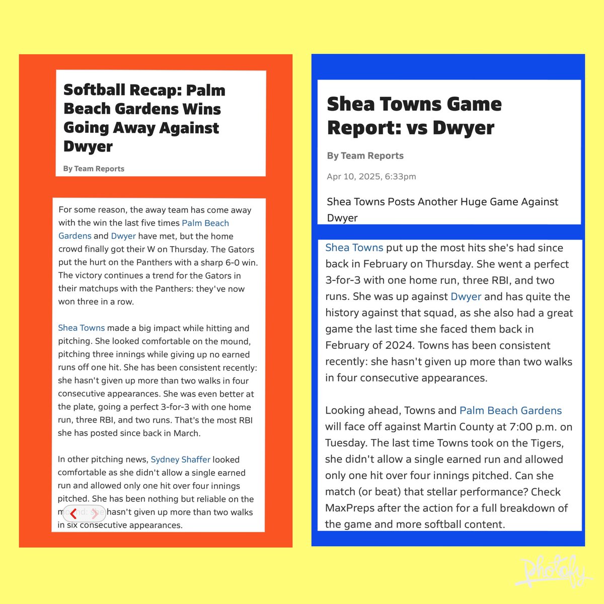 Shea Towns 2027 (@sheatowns18) on Twitter photo Had a great all round week! My <a href="/PBGHS_Softball/">Palm Beach Gardens High School Softball</a> played great and I was able to contribute and start the end of the season off strong. Academically, I earned STUDENT OF THE QUARTER! <a href="/PBGHSofficial/">Palm Beach Gardens High School</a> <a href="/PBGHS_Principal/">Michelle L. Fleming</a>
Thanks again to <a href="/MaxPreps/">MaxPreps</a> for the fun articles 🙏🏻
<a href="/pbpsports/">PB Post Sports</a> Had a great all round week! My <a href="/PBGHS_Softball/">Palm Beach Gardens High School Softball</a> played great and I was able to contribute and start the end of the season off strong. Academically, I earned STUDENT OF THE QUARTER! <a href="/PBGHSofficial/">Palm Beach Gardens High School</a> <a href="/PBGHS_Principal/">Michelle L. Fleming</a>
Thanks again to <a href="/MaxPreps/">MaxPreps</a> for the fun articles 🙏🏻
<a href="/pbpsports/">PB Post Sports</a>