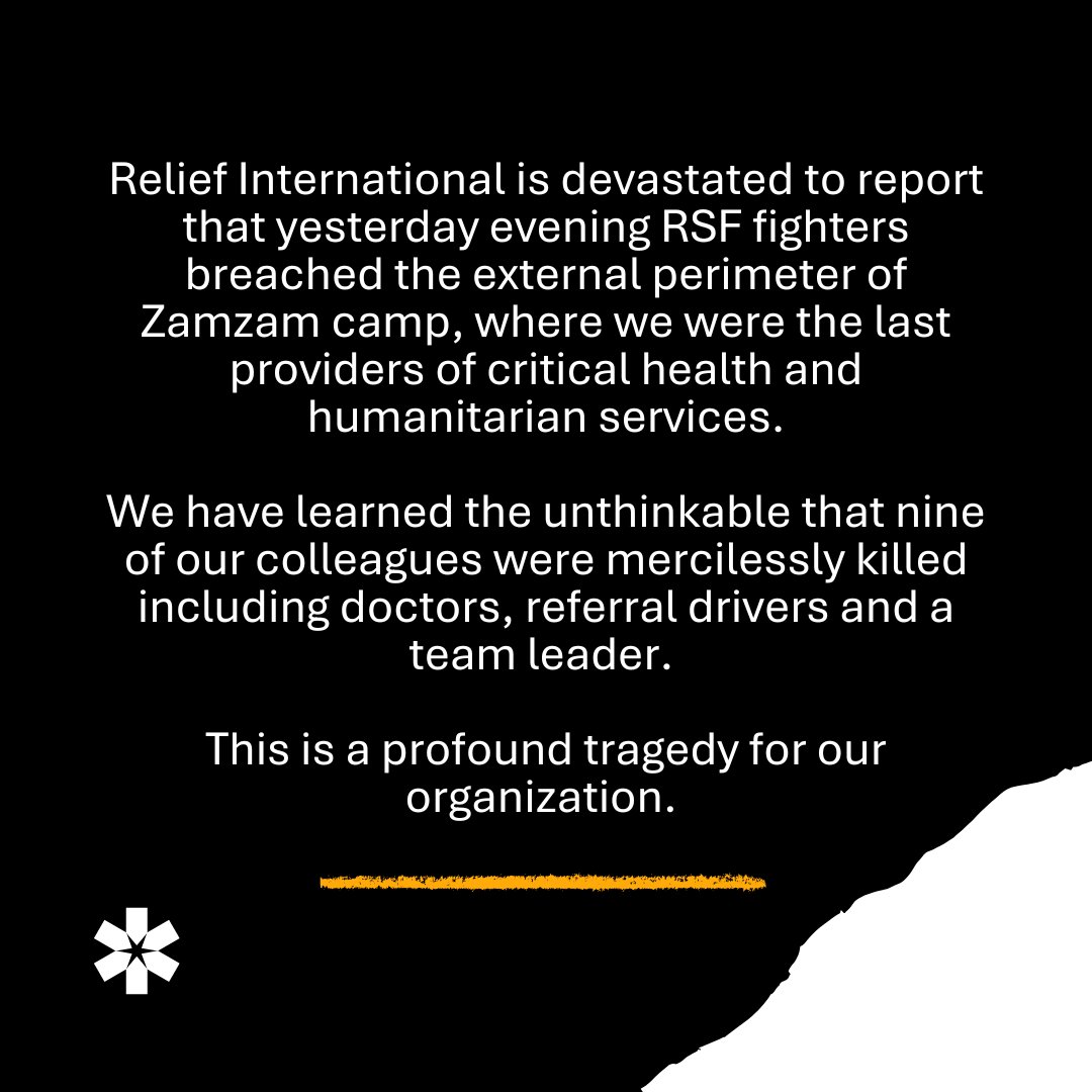 Relief International is devastated to report that Friday evening local time, the 11 of April, RSF fighters breached the external perimeter of Zamzam camp, where we were the last providers of critical health and humanitarian services.