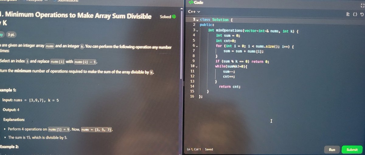useridtaken_irl's tweet photo. Problem 12: minimum operation to make array sum divisible by k,
Time complexity O(n).
#Leetcode  #practice  #tryinghard 
✌️ https://t.co/YbS1Mrq5Cr
