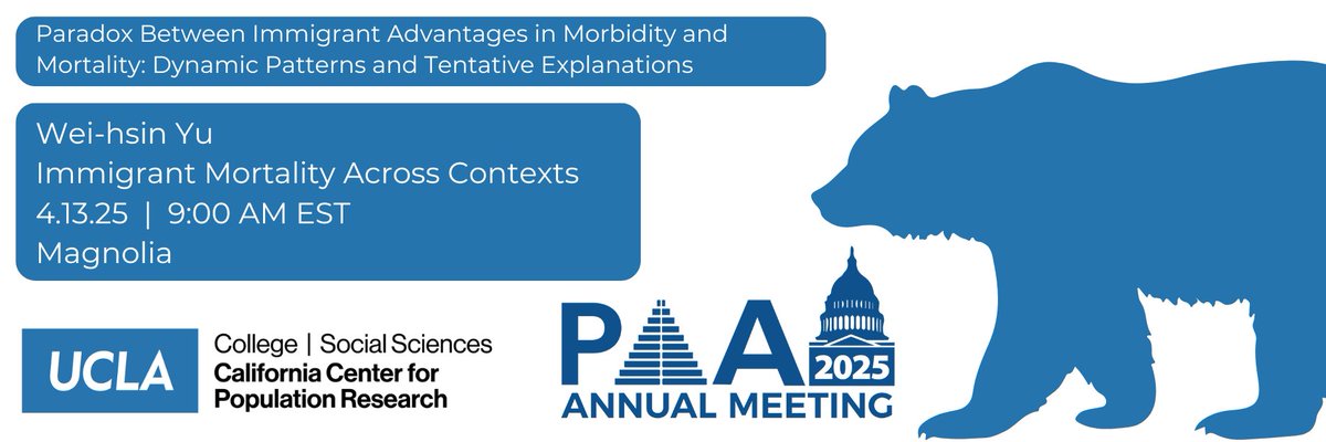 CCPR Affiliate Wei-hsin Yu will present “Paradox Between Immigrant Advantages in Morbidity and Mortality: Dynamic Patterns and Tentative Explanations” tomorrow at 9:00 AM EST in Magnolia! Don’t miss it! #PAA #PAA2025 <a href="/UCLA/">UCLA</a> <a href="/PopAssocAmerica/">PAA</a>