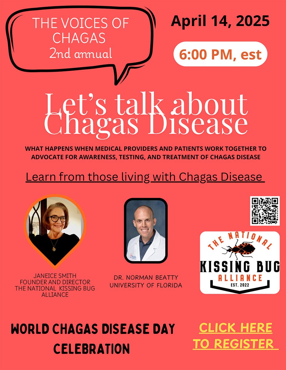 🗓️ April | 14 - The Voices of #Chagas 2025

2nd annual #webinar featuring what happens when medical providers and patients work together to advocate for awareness, testing, and treatment of #ChagasDisease.

✍️ us06web.zoom.us/webinar/regist…
➕#events 👉coalicionchagas.org/en/news-and-ev…

#BeatNTDs