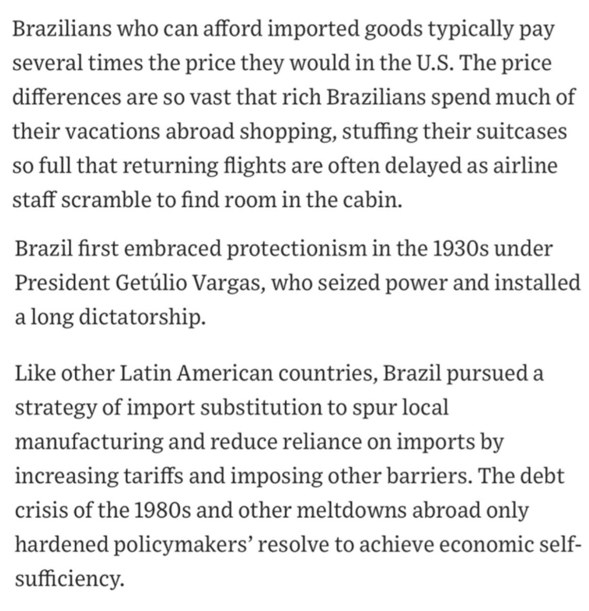SamPancher's tweet image. The Wall Street Journal: “Como funcionaria um EUA protecionista? Veja o Brasil, onde prevalecem as barreiras comerciais”

“Os brasileiros que podem pagar por importados normalmente pagam várias vezes o preço que pagariam nos EUA. As diferenças de preço são tão vastas que os…