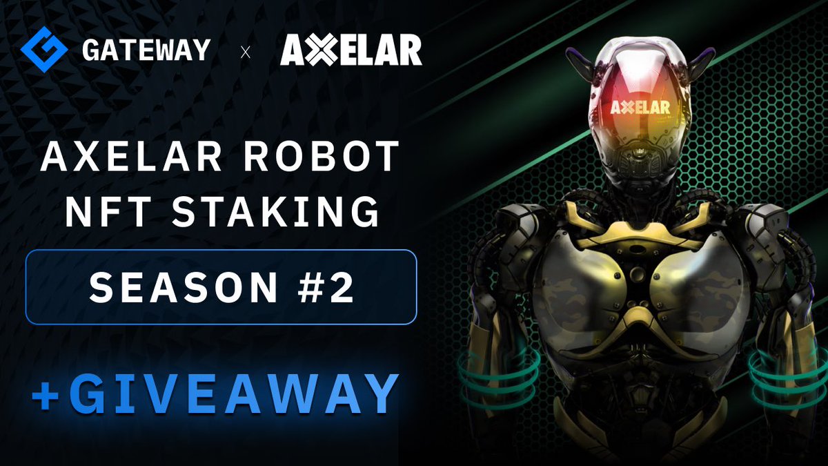 Big News, GWAY Fam! 

Gateway and @Axelar are joining forces, bringing Season 2 of Axelar Robot NFT staking to life.

When start? RIGHT NOW!
Where to stake? app.mygateway.io/axelar-robot-s…
Chain? <a href="/0xPolygon/">Polygon</a>

To celebrate, we’re raffling off a Legendary Axelar Robot NFT!

Want to win? 
1️⃣