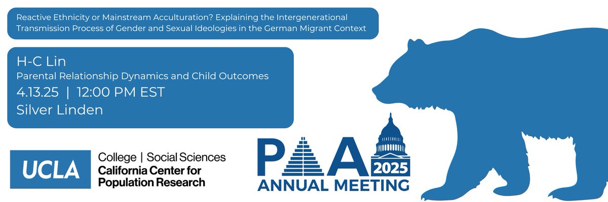 CCPR Affiliate H-C Lin will present “Reactive Ethnicity or Mainstream Acculturation? Explaining the Intergenerational Transmission Process of Gender and Sexual Ideologies in the German Migrant Context” tomorrow at 12:00 PM EST in Silver Linden! #PAA2025 <a href="/UCLA/">UCLA</a> <a href="/PopAssocAmerica/">PAA</a>