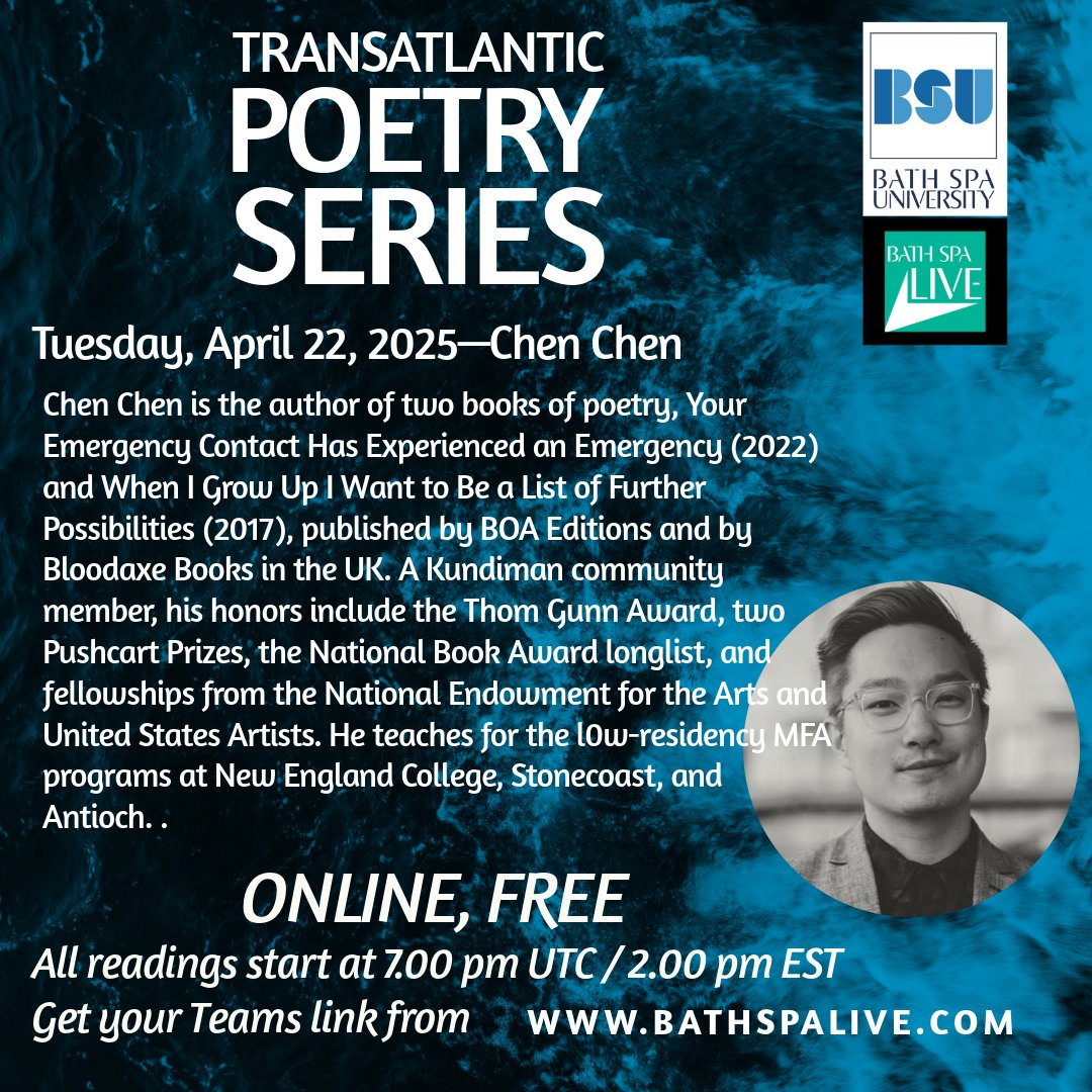 Delighted to be welcoming Chen Chen 兔兒神 (<a href="/chenchenwrites/">兔兒神</a>)  to read for the transatlantic poetry series in about ten days' time. He is an extraordinary poet and this evening will be a lot of fun with lively Q&amp;A after the wonderful poems. Come along.
ticketsource.co.uk/bathspalive/t-…