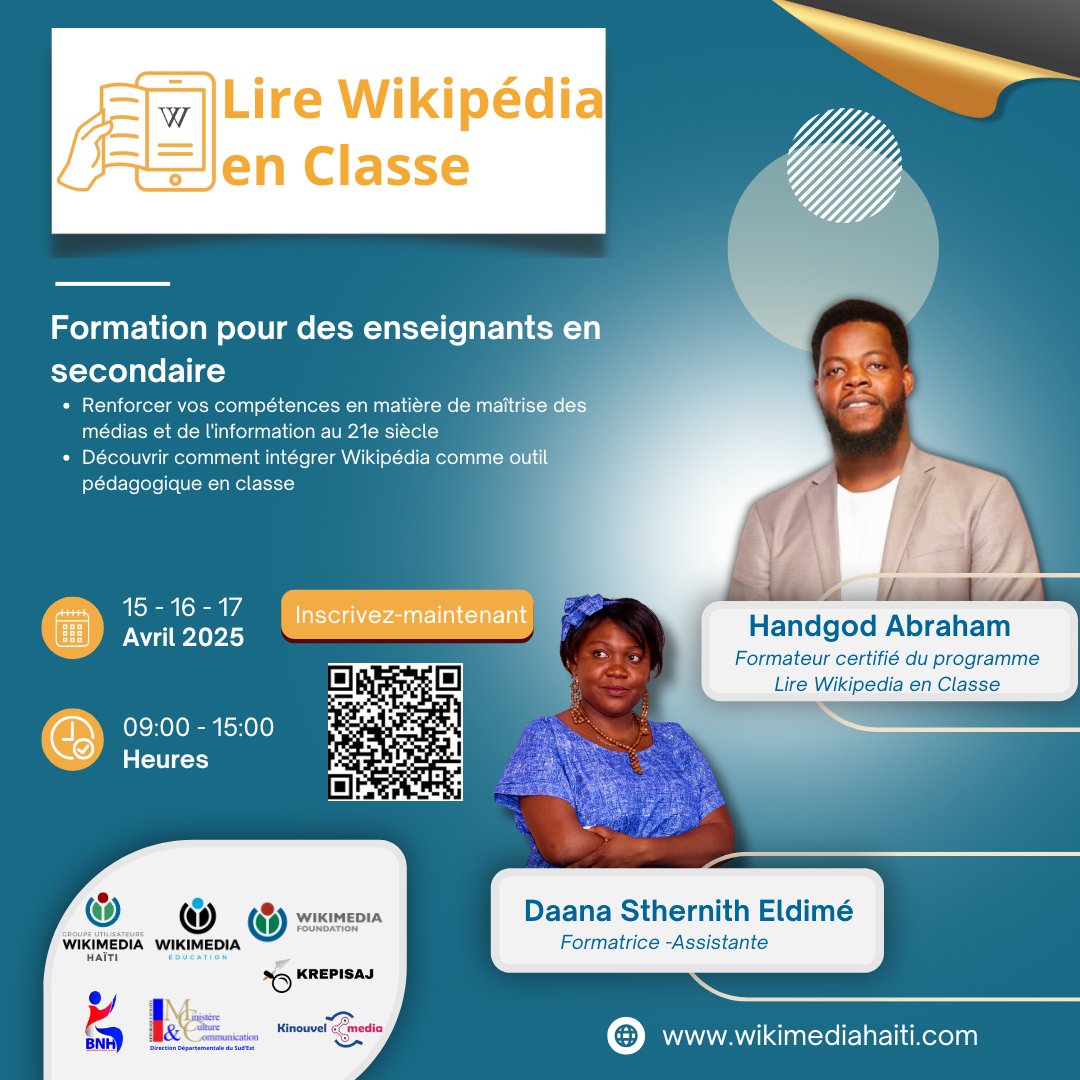 HandgodAbraham's tweet photo. Enseignant·e à Jacmel ?
Participez à la formation "Lire Wikipédia en classe 2025"
🗓️ 15–17 avril | 🕘 9h–15h
📍 Bibliothèque Roussan Camille
💻 Pour 20 enseignant·e·s motivé·e·s
🔗 Réservez ici : https://t.co/it07iBqnL4
#Haïti #Éducation #Wikimedia https://t.co/fGDSnNYdp7