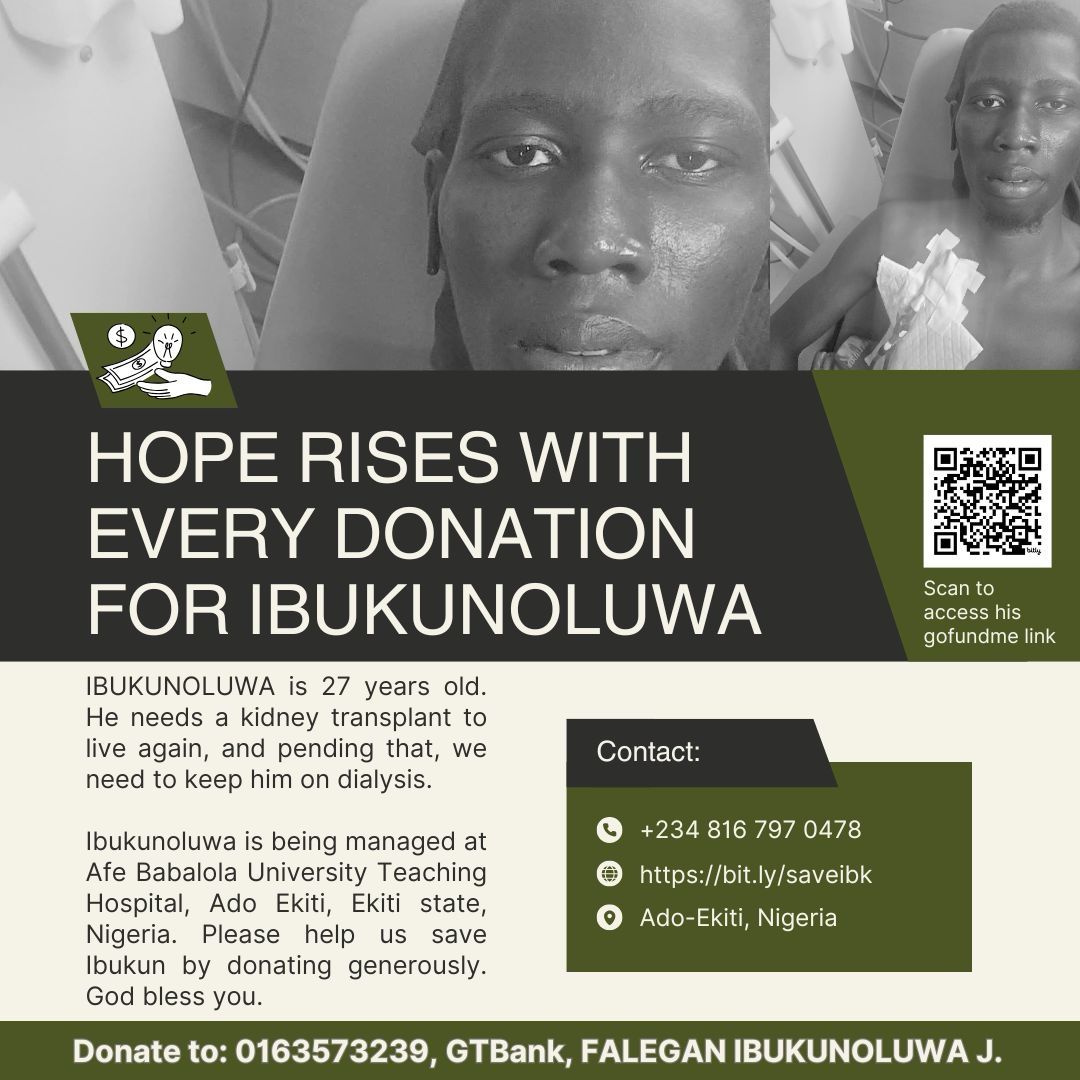 Lohh_97's tweet photo. Hi everyone, I've been battling with CKD for a while now . I need your help for me to get a kidney transplant. 
Here is my https://t.co/IQ6FrAxTdq link: https://t.co/StXFfKNljH
My naira account: Ibukunoluwa J.  Falegan
GTB
Account number: 0163573239 https://t.co/ETzcPDphIp