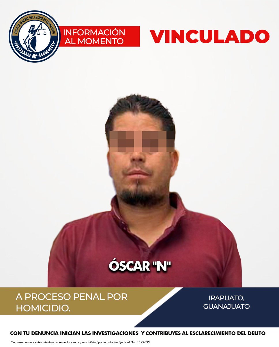 FGEGUANAJUATO's tweet photo. La Fiscalía de Guanajuato logra vinculación a proceso penal por homicidio en Irapuato

Óscar “N” fue vinculado a proceso penal como presunto responsable de los delitos de homicidio y tentativa de homicidio.  

Los hechos ocurrieron el 18 de mayo de 2024, cuando el imputado acudió a una cenaduría en Irapuato, donde comenzó a consumir bebidas alcohólicas. Al ser informado de que el lugar no tenía permiso para venderlas, se retiró. Tiempo después, regresó en un vehículo y disparó contra dos personas, causando la muerte de una de ellas.  

El juez ordenó su vinculación a proceso penal y le impuso prisión preventiva como medida cautelar.  

En la Fiscalía de Guanajuato sigue trabajando para que los delitos no queden impunes.

#Justicia #FiscalíaGuanajuato #Irapuato #Homicidio
