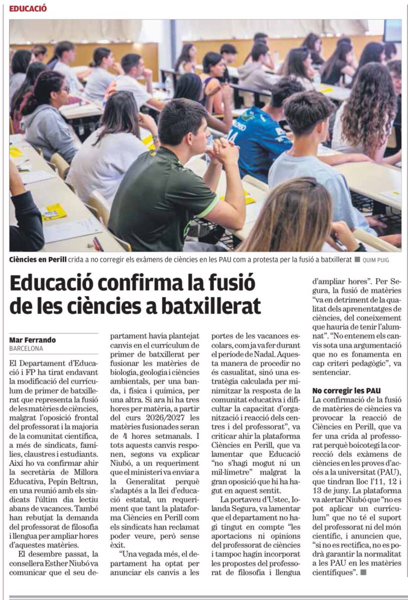 FerranMontardit's tweet image. La veritat és que no sé pas qui assessora @educaciocat. No conec cap professor, ni un, que hi estigui d’acord. És que és una bajanada estratosfèrica. En 4 o 5 anys s’haurà passat de 8 hores setmanals de Física i de Química a 4 hores setmanals barrejades.