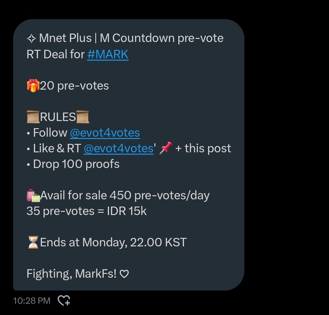 onleemarklee's tweet photo. ✧ Mnet Plus | M Countdown pre-vote RT Deal for #MARK

🎁20 pre-votes

📜RULES📜
• Follow @evot4votes
• Like &amp; RT @evot4votes' 📌 + this post
• Drop 100 proofs

🛍Avail for sale 450 pre-votes/day
35 pre-votes = IDR 15k

⏳Ends at Monday, 22.00 KST

#InfoVoteMark #MoloVoting https://t.co/4z2MHyuqSU