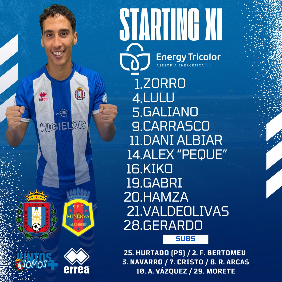 LorcaDptv_EN's tweet photo. STARTING XI |

📋 ¡𝗦𝘁𝗮𝗿𝘁𝗶𝗻𝗴 𝗫𝗜 𝙀𝙉𝙀𝙍𝙂𝙔 𝙏𝙍𝙄𝘾𝙊𝙇𝙊𝙍 🆚 @SFCMinerva2 !

#MinervaLorcaDeportiva 
#TogetherWeAreMore https://t.co/fsWRFf276z