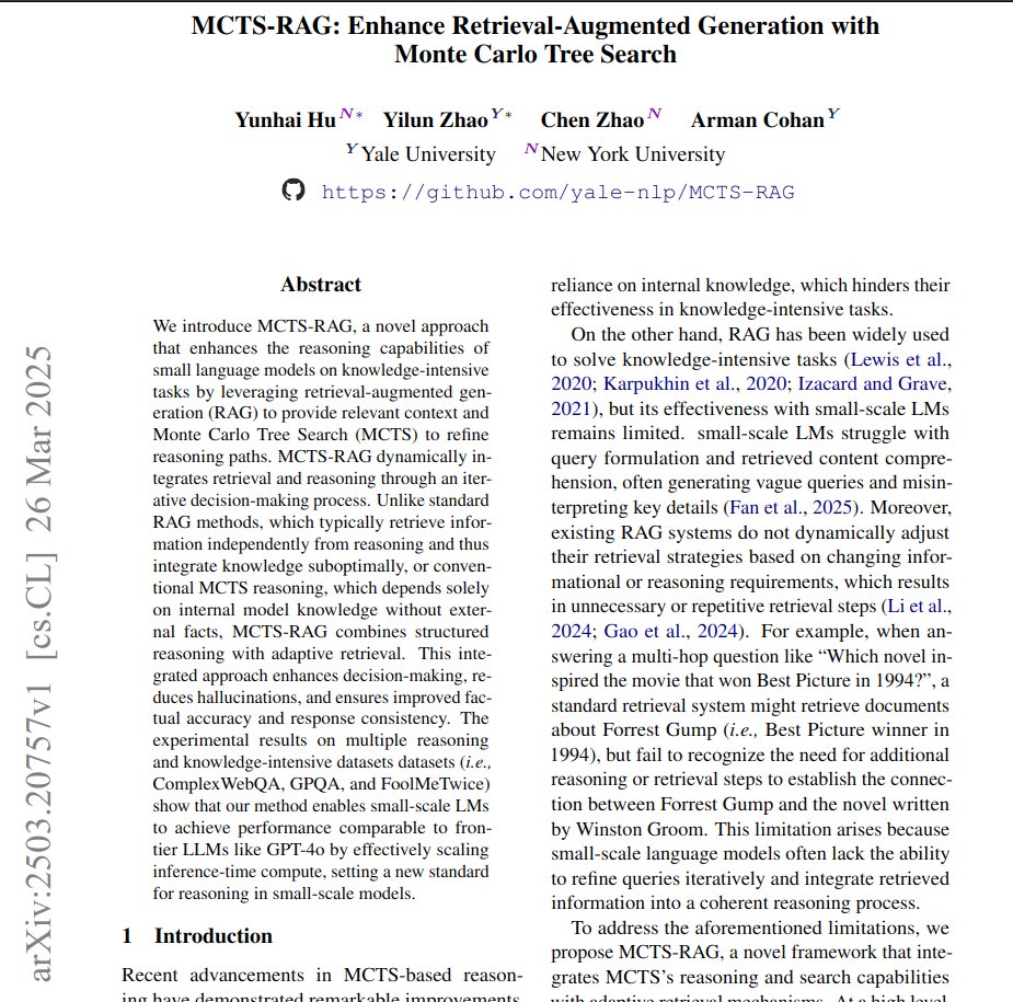 Small Language Models struggle on knowledge-intensive tasks due to reliance on internal knowledge and suboptimal integration of external facts via standard RAG.

MCTS-RAG solves this by integrating Monte Carlo Tree Search (MCTS) for structured reasoning exploration with adaptive