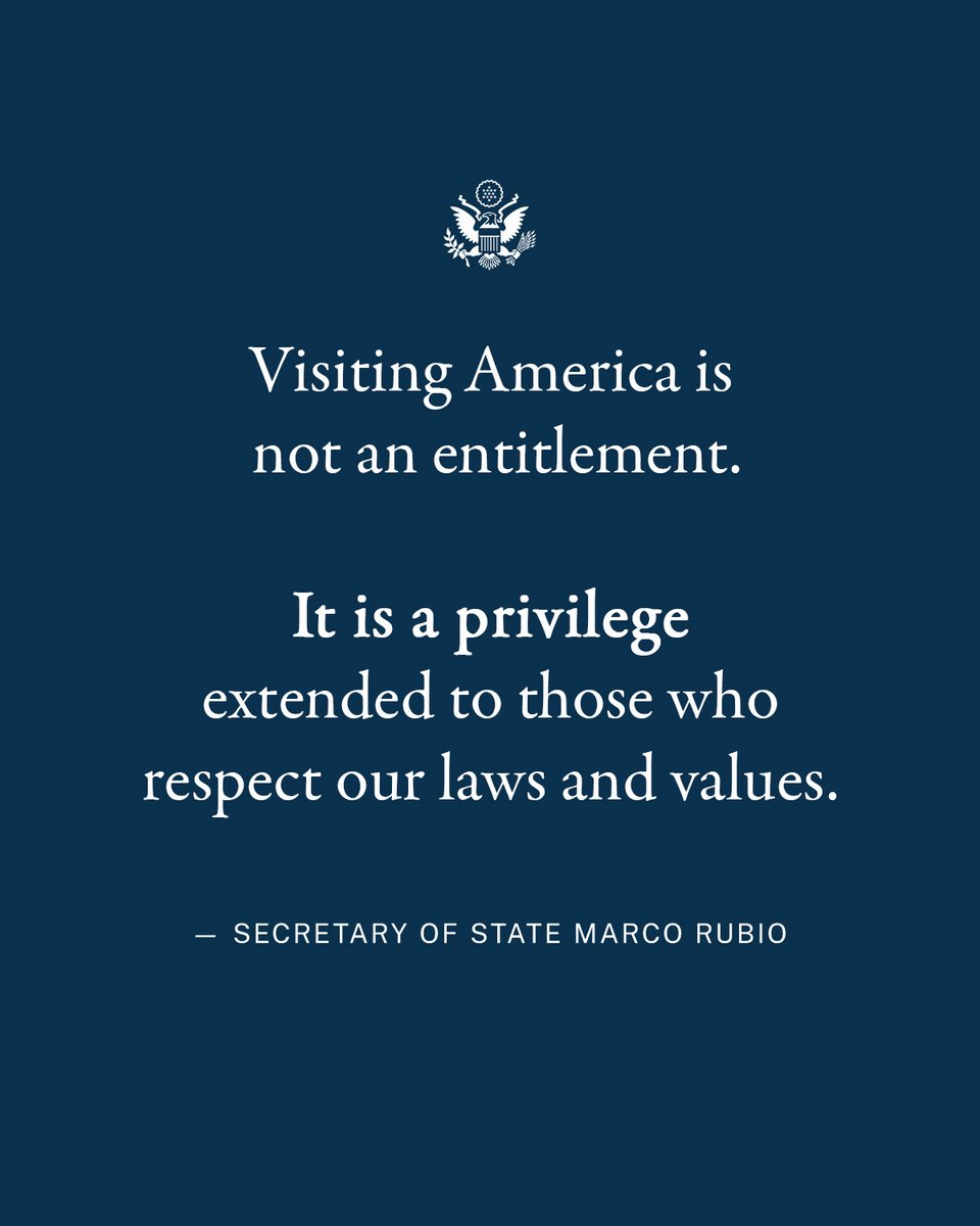 Department of State (@statedept) on Twitter photo U.S. visas are a privilege, rather than a right, reserved for those who make the United States better, not seek to destroy it from the inside. – <a href="/SecRubio/">Secretary Marco Rubio</a> in his Fox News editorial
🔗: foxnews.com/opinion/secret… U.S. visas are a privilege, rather than a right, reserved for those who make the United States better, not seek to destroy it from the inside. – <a href="/SecRubio/">Secretary Marco Rubio</a> in his Fox News editorial
🔗: foxnews.com/opinion/secret…