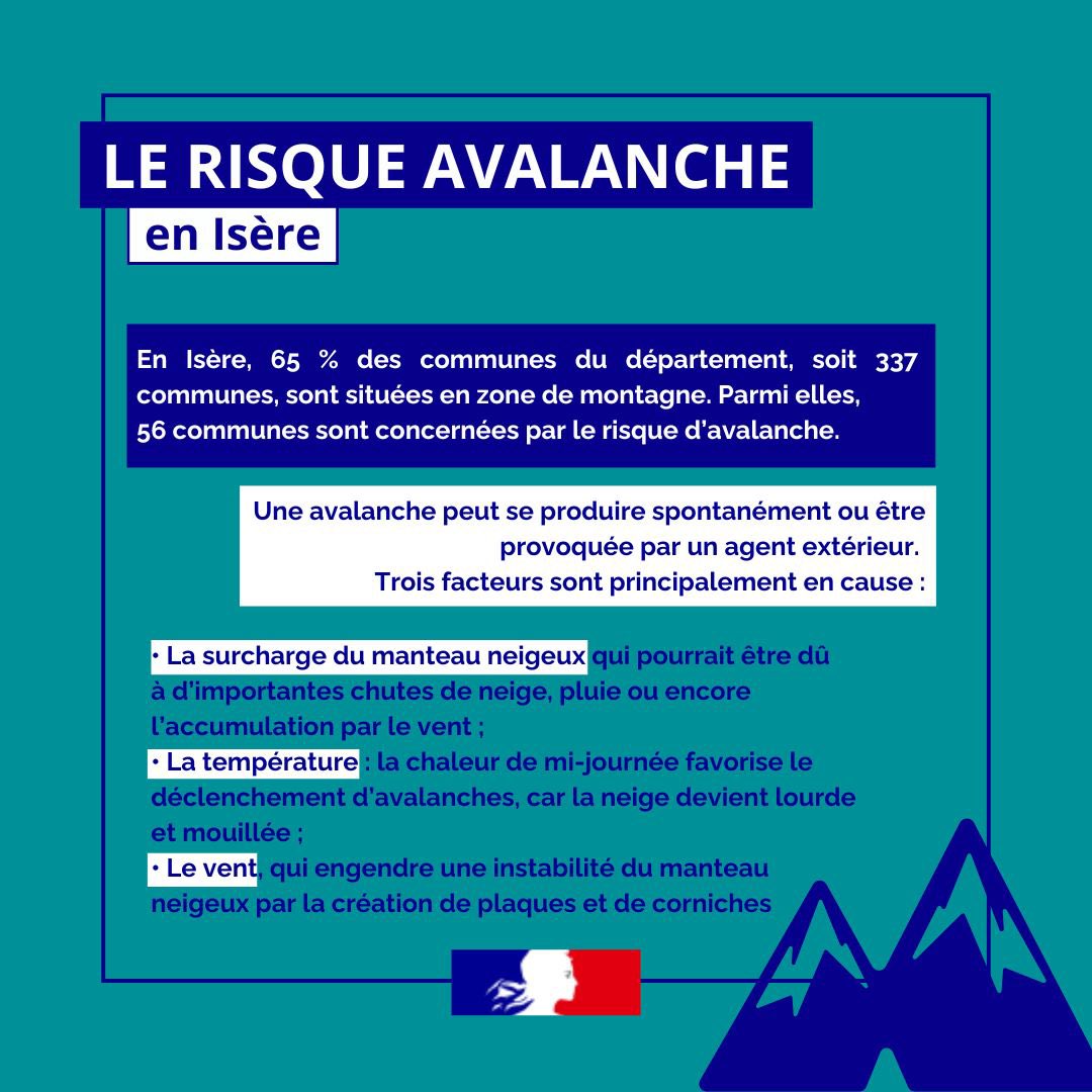 Prefet38's tweet photo. #Vigilance l Le risque #avalanche est élevé ce week-end sur  les massifs belledonne, grandes rousses et Oisans. ⛷🏂  Chacun doit faire preuve de  grande prudence dans la pratique des activités de montagne,  particulièrement hors des pistes balisées et ouvertes.
⚠️Le risque avalanche reste de niveau avalanche sur ces massifs.
La vigilance sera valable toute la journée de ce samedi et devrait se poursuivre durant la journée de dimanche.
