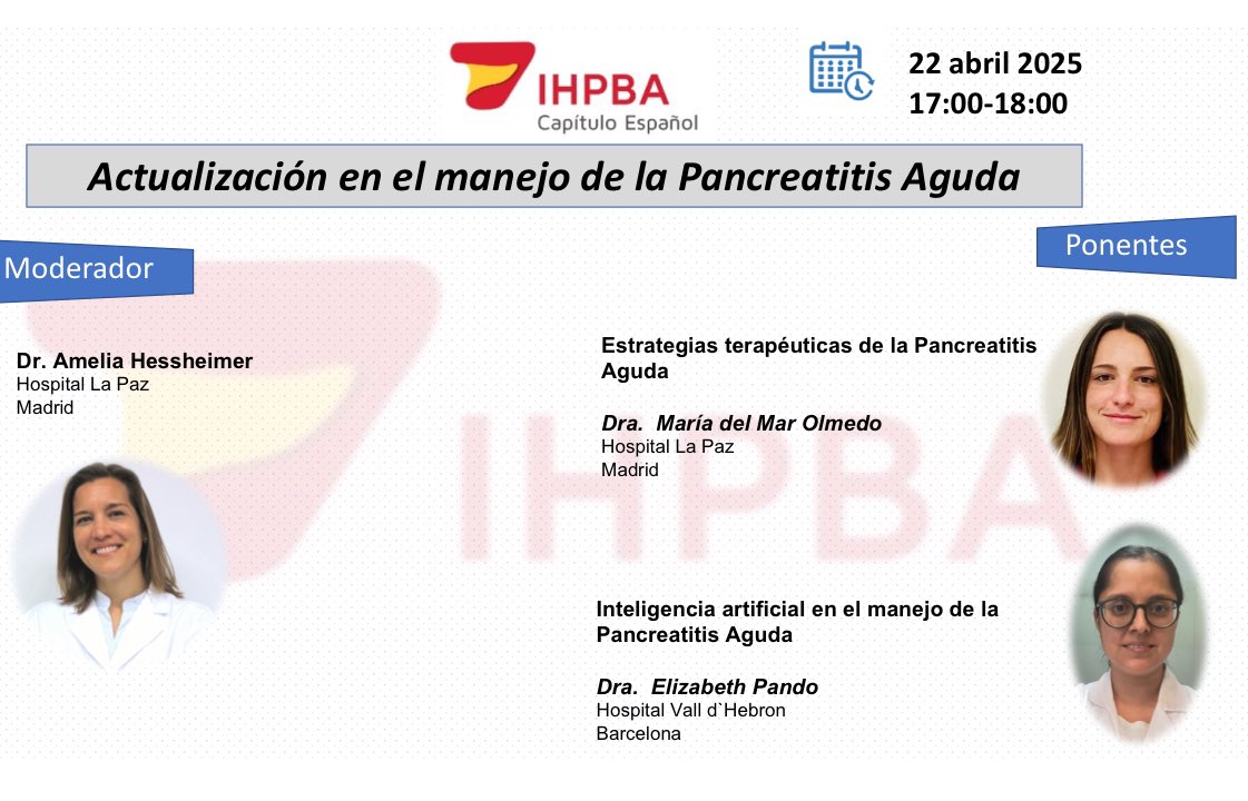 CE-IHPBA (@ceihpba) on Twitter photo 🚨 El próximo 22 de Abril de 2025 a las 17:00 CET seguimos con la temporada de webinar ,Actualizacion en el manejo de la pancreatitis Aguda por la <a href="/epr82/">Elizabeth Pando Rau</a> (Hospital Vall d'Hebrón) y la Dra Olmedo y moderado por <a href="/hessheimer/">Amelia Hessheimer</a> ambas del Hospital la Paz 🚨22/04/25 17-18 h CET 🚨 El próximo 22 de Abril de 2025 a las 17:00 CET seguimos con la temporada de webinar ,Actualizacion en el manejo de la pancreatitis Aguda por la <a href="/epr82/">Elizabeth Pando Rau</a> (Hospital Vall d'Hebrón) y la Dra Olmedo y moderado por <a href="/hessheimer/">Amelia Hessheimer</a> ambas del Hospital la Paz 🚨22/04/25 17-18 h CET