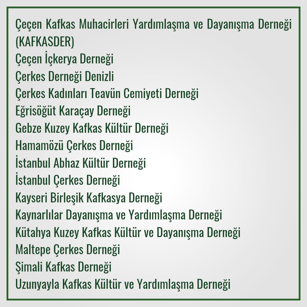 eskafder's tweet photo. Bizler aşağıda imzası olan STK’lar olarak;
1. Öncelikle Konstantin Zatulin tarafından sunulan yasa tasarısının bir an önce geri çekilmesini,
2. Geri dönüş hakkının kullanılması önündeki tüm yasal ve fiili engellerin kaldırılarak geri dönüşün teşvik edilmesi ve bu hakkını halihazırda kullananların hukuki güvenliğinin sağlanarak, ayrımcılık ve hak ihlallerine son verilmesini,
talep ediyoruz. 
Çerkes halkının anavatanına dönüş hakkı, uluslararası hukukun getirdiği yükümlülükler ve tarihi gerçeklerin gereği olarak Rusya Federasyonu tarafından anayasal güvencelerle birlikte, amasız – fakatsız teminat altına alınmalıdır.

İmzacı Sivil Toplum Örgütleri;
Eskişehir Kuzey Kafkas Kültür ve Dayanışma Derneği
İstanbul Kafkas Kültür Derneği
Kayseri Kafkas Derneği
Abhaz Dernekleri Federasyonu 
Çerkes Dernekleri Federasyonu
Şamil Eğitim ve Kültür Vakfı
Kafkas Vakfı
Alan Kültür ve Yardım Vakfı
Adige Khase Çerkes Derneği
Adige Kafkas Derneği
Aşağı Borandere Sosyal Yardımlaşma ve Dayanışma Derneği 
Birleşik Kafkasya Derneği İstanbul
Birleşik Kafkasya Derneği Samsun
Bozüyük Kuzey Kafkasya Kültür Derneği 
Büyükçekmece Kafkas Kültür Derneği
Çeçen Kafkas Muhacirleri Yardımlaşma ve Dayanışma Derneği (KAFKASDER)
Çeçen İçkerya Derneği
Çerkes Kadınları Teavün Cemiyeti Derneği
Eğrisöğüt Karaçay Derneği
Gebze Kuzey Kafkas Kültür Derneği
Hamamözü Çerkes Derneği 
İstanbul Abhaz Kültür Derneği
İstanbul Çerkes Derneği
Kayseri Birleşik Kafkasya Derneği
Kaynarlılar Dayanışma ve Yardımlaşma Derneği 
Kütahya Kuzey Kafkas Kültür ve Dayanışma Derneği
Maltepe Çerkes Derneği
Şimali Kafkas Derneği 
Uzunyayla Kafkas Kültür ve Yardımlaşma Derneği

Главе Кабардино балкарии
priemnaya@kbr.ru

Главе Адыгеи 
letter@adm.xn--adyghea-kkg.ru
feo@adyhyea.mail.ru
kanc@adm.adygheya.ru 

Главе карачаево черкессии 
gov@kchr.ru

Президенту РФ 
https://t.co/C2o9HLphtJ

stateduma@duma.gov.ru

zatulin@zatulin.ru