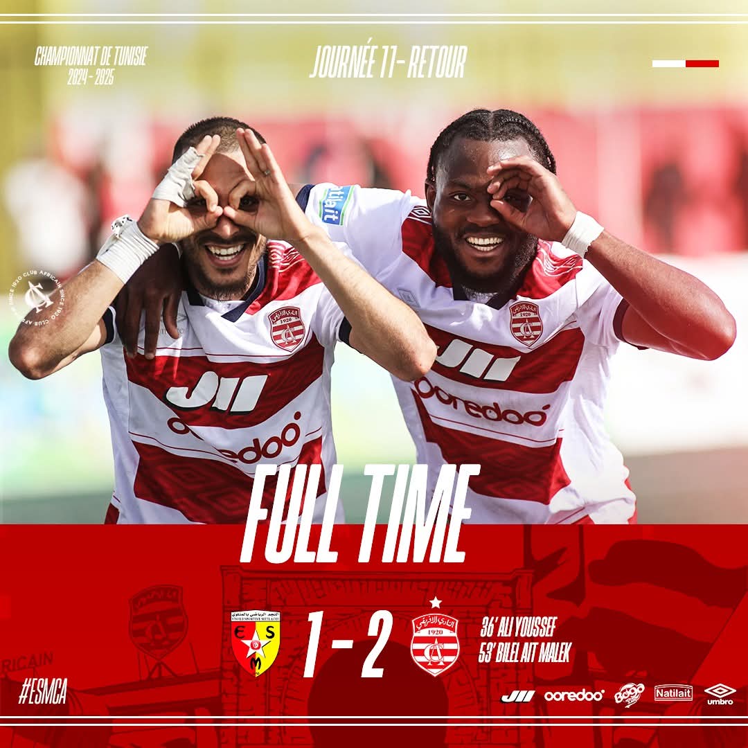 TeamCA_Officiel's tweet photo. ✦ 𝗙𝗨𝗟𝗟 𝗧𝗜𝗠𝗘

ES Metlaoui 1️⃣-2️⃣ Club Africain 🇦🇹
⚽ Ali Youssef 🇱🇾
⚽ Bilel Ait Malek 

#ESMCA | #TeamCA 🔴⚪ https://t.co/5lOS0xo6Ix