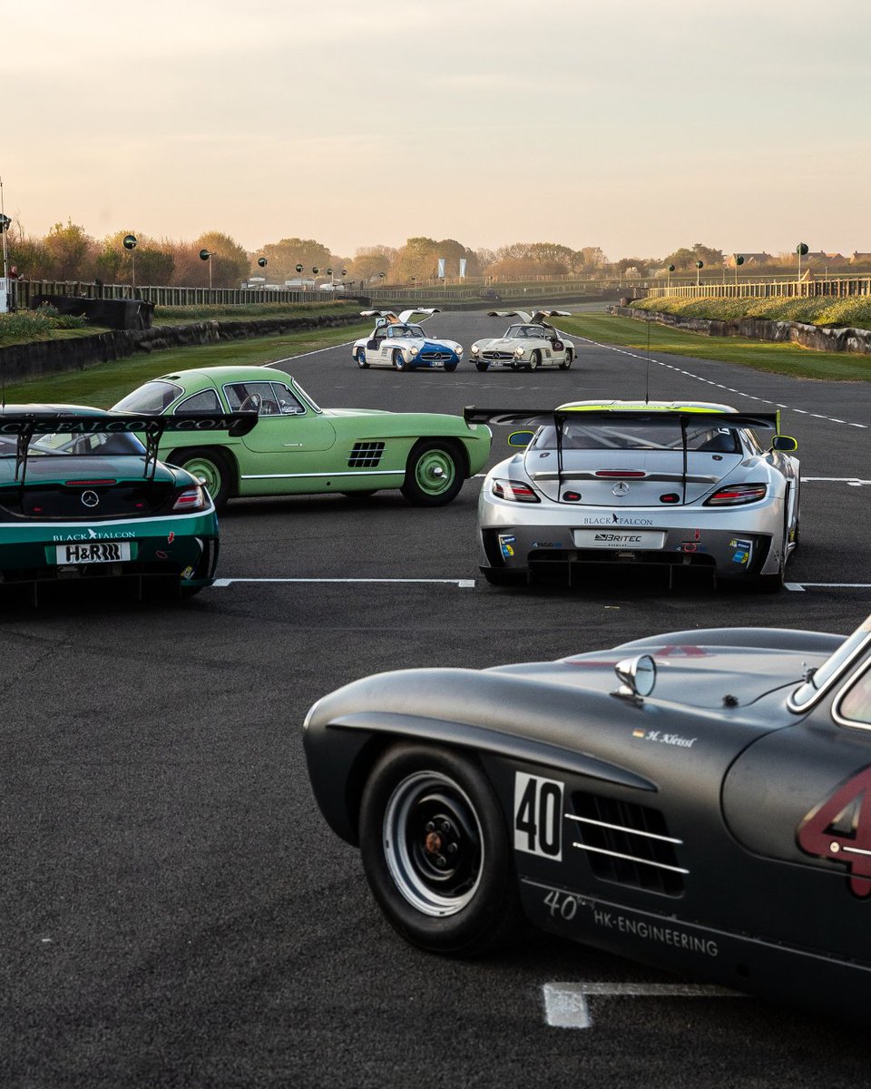 GoodwoodRRC's tweet photo. We took the opportunity to get these beautiful Gullwing's together ahead of the #82MM weekend. These stunning machines decorated the circuit giving us all a sight to behold. Are these the prettiest sports cars #Mercedes has produced? 

📸 In Motion Images https://t.co/ea3KM4xjJX