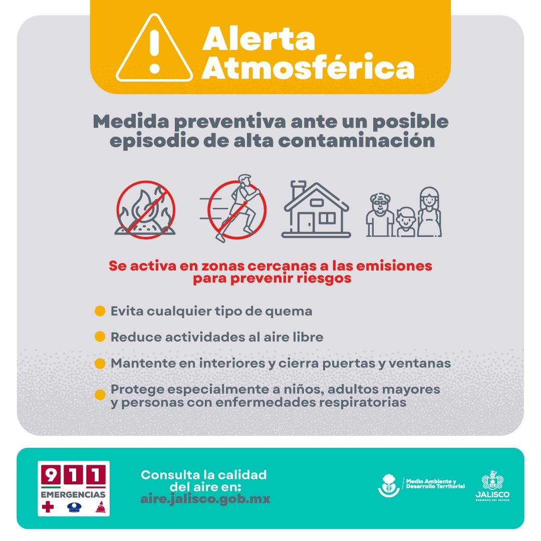 AireySaludAMG's tweet photo. SEMADET informa:
A las 09:30 horas se #Activa ampliación de #AlertaAtmosférica en los municipios de #CaboCorrientes y #Tomatlán por #IncendioForestal.
Principalmente en: #ElTuito, #Tecomata, #Bioto, #ElTigre, #SanRafaeldelosMoreno, #Tequesquite, #ElTule y #Gargantillo https://t.co/iIu333w0BI