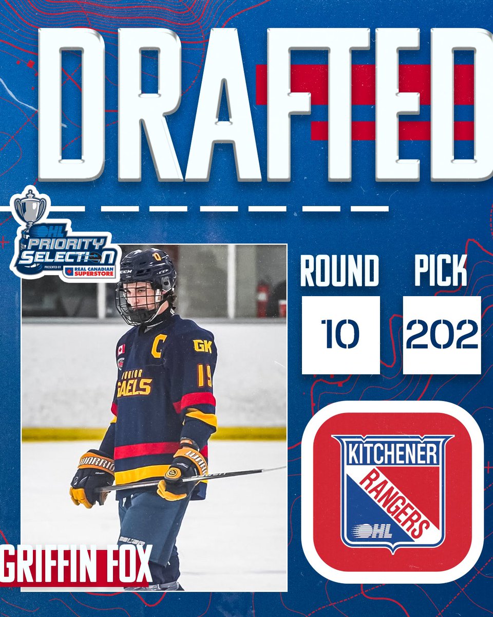 With the 202nd overall pick in the 2025 OHL Priority Draft, the Kitchener Rangers are proud to select Griffin Fox!
 
Welcome to #RTown, Griffin!