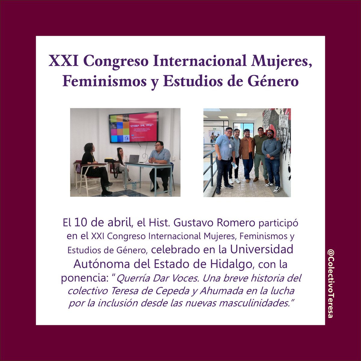 ColectivoTeresa's tweet photo. 🌍💜 El Hist. Gustavo Romero, estuvo presente en el "𝐗𝐗𝐈 𝐂𝐨𝐧𝐠𝐫𝐞𝐬𝐨 𝐈𝐧𝐭𝐞𝐫𝐧𝐚𝐜𝐢𝐨𝐧𝐚𝐥: 𝐌𝐮𝐣𝐞𝐫𝐞𝐬, 𝐅𝐞𝐦𝐢𝐧𝐢𝐬𝐦𝐨 𝐲 𝐄𝐬𝐭𝐮𝐝𝐢𝐨𝐬 𝐝𝐞 𝐆𝐞́𝐧𝐞𝐫𝐨" 
.
. 
#HazloALoTeresa #colectivoteresa #interesante #interesarte #creyenteslgbt https://t.co/BoSi8YZatw
