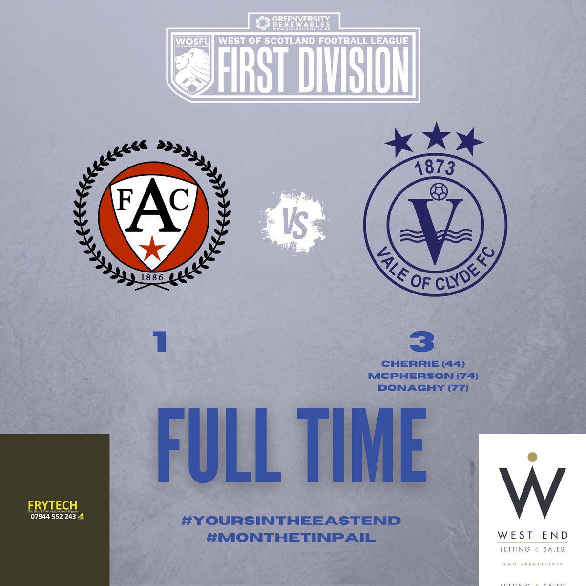 🔵⚪ FULL TIME🔵⚪

A goal in the first half from <a href="/RCherrie94/">Ryan Cherrie</a> (44) put us 1-0 up,Ashfield equalised in 55th minute however goals from <a href="/m22ciaran/">Ciaran McPherson</a> (74) &amp; <a href="/pauldonaghy1/">Pablo ➐</a> (77) won the game &amp; the 3 points travel the short distance to Fullarton Park

#monthetinpail 
#yoursintheeastend