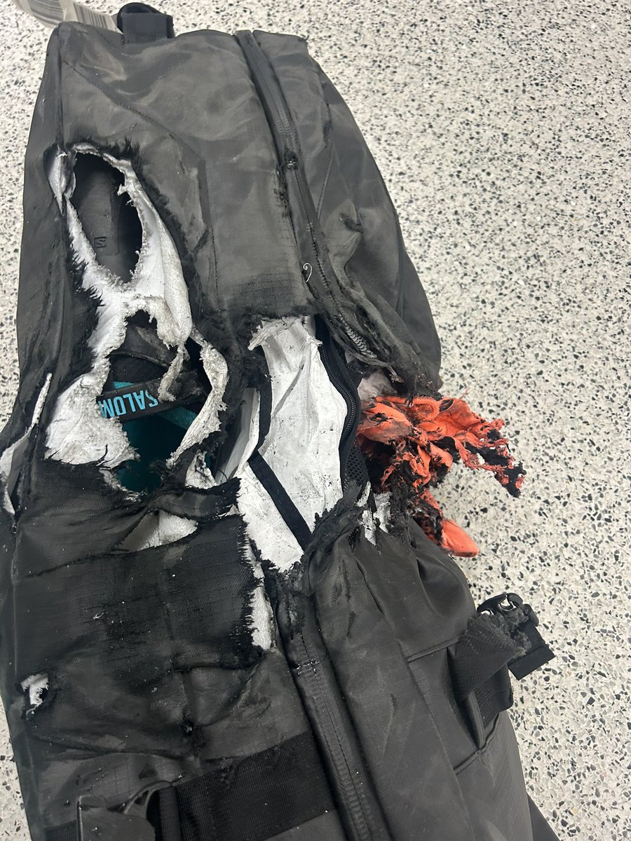 Canadian_Toque's tweet photo. @WestJet this is the mishandling of your luggage team!! Looks like it got lit on fire? Grateful my flight did not burn down! However your claims department does not want to reimburse me. 

They only want to give me $250CDN when this is worth 3k! https://t.co/ZExQoXbKP0