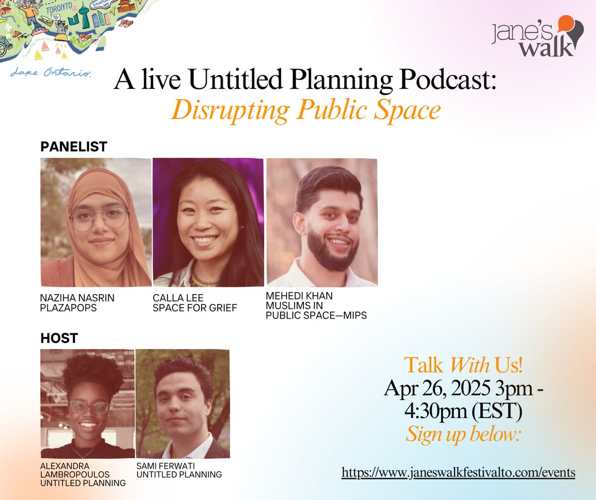 JanesWalkTO's tweet image. #WalkWithUs as we explore the questions shaping public life today: 

📆 April 26, 2025
🕒 3:00–4:30PM EST
🎙️ Hosted by @untltdplanning 
🔗 RSVP: janeswalkfestivalto.com/events

#JanesWalkTO #JaneJacobs