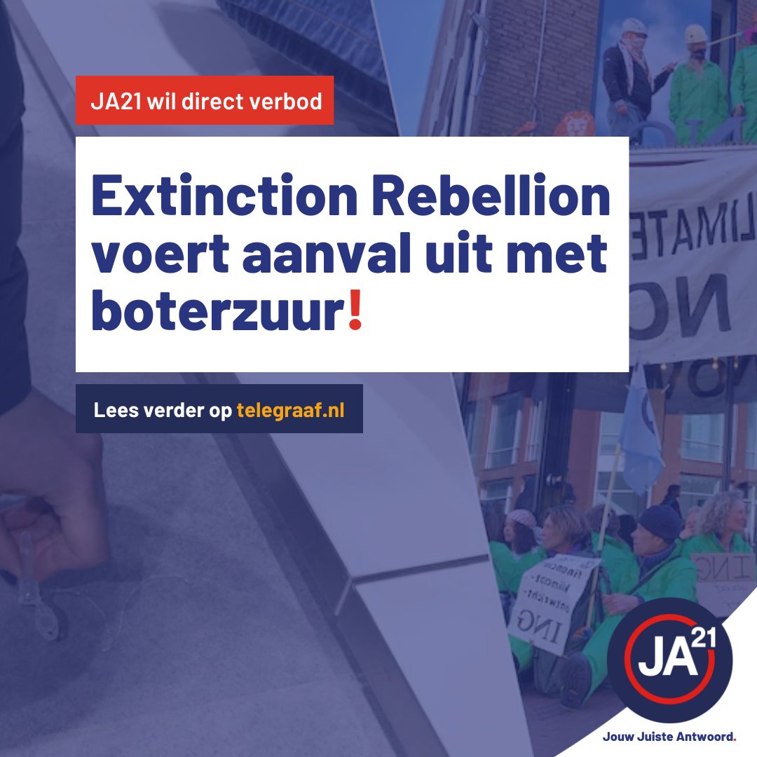 Extinction Rebellion kondigt een aanval met boterzuur aan, noemt het een ‘grap’, en voert het tóch uit. In een kledingwinkel, vol personeel en klanten. Dit is geen demonstratie meer, dit is terreur.

JA21 wil direct een verbod op dit soort gevaarlijke en ontwrichtende groepen.