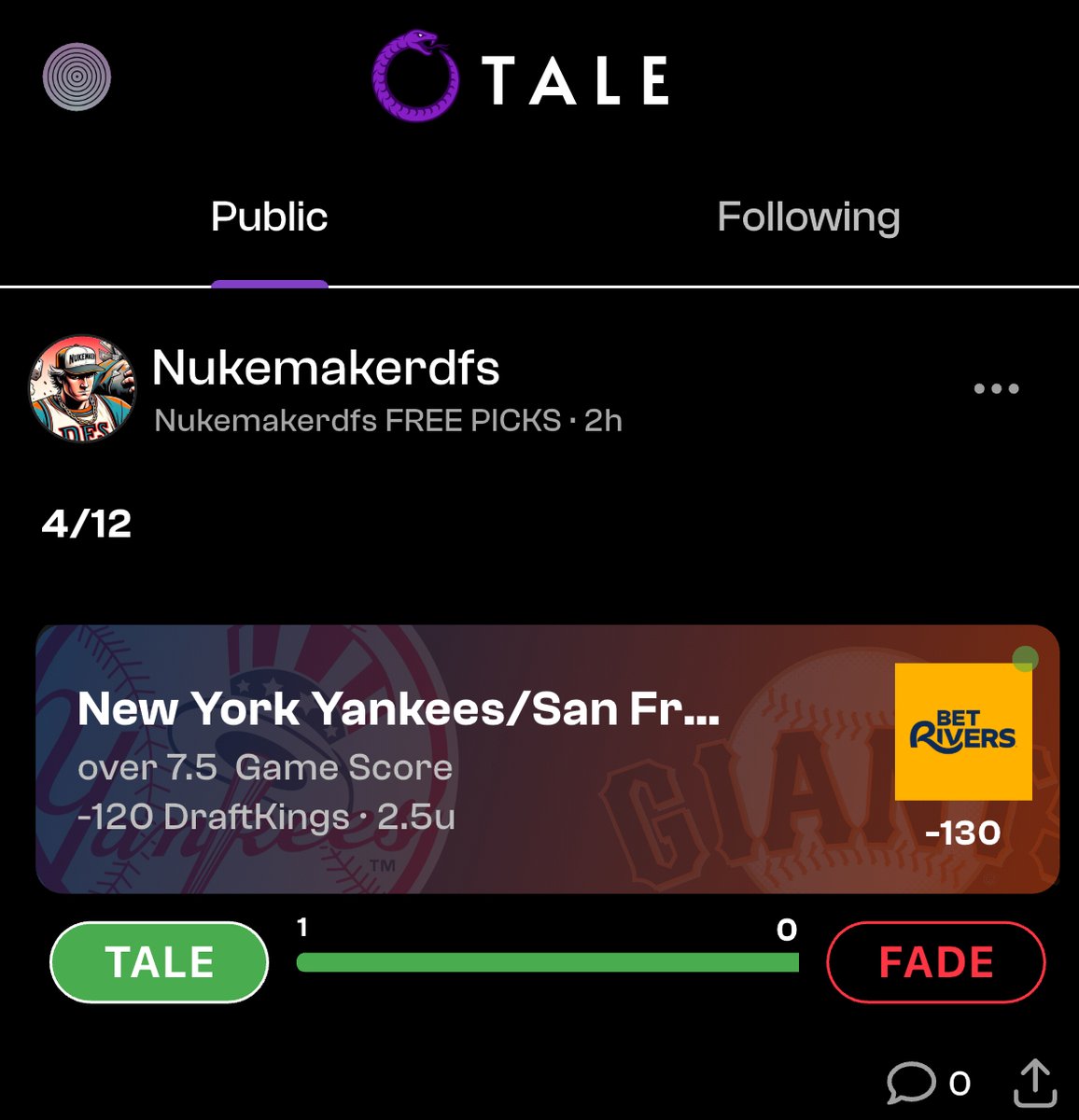 TALE_bets's tweet photo. NukemakerDFS β Yankees/Giants O7.5
Yanks vs Giants OVER 7.5 total (-120 DK) β 2.5u from @nukemakerdfs.
Windβs up, bats are hot, and the vibes are overs only.
#MLBPicks #OverClub #BaseballBets
Track every pick with transparency on TALE: https://t.co/7PjOHHTlOp https://t.co/P9Wsw05K6N