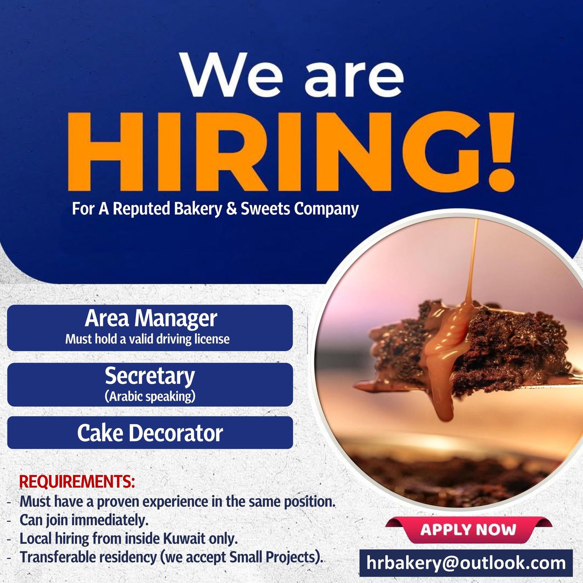 thejobyard's tweet photo. Hiring from inside Kuwait only 🇰🇼
A reputed Bakery & Sweets Company is hiring
- Area Manager
- Secretary
- Cake Decorator
#Kuwait #jobs #careers #hiring #Kuwait_jobs #job #recruitment #vacancy #join #employment #kwt #TheJobYard #q8 #explore #career #recruiting #job_search https://t.co/EKg0Y7Zfzf