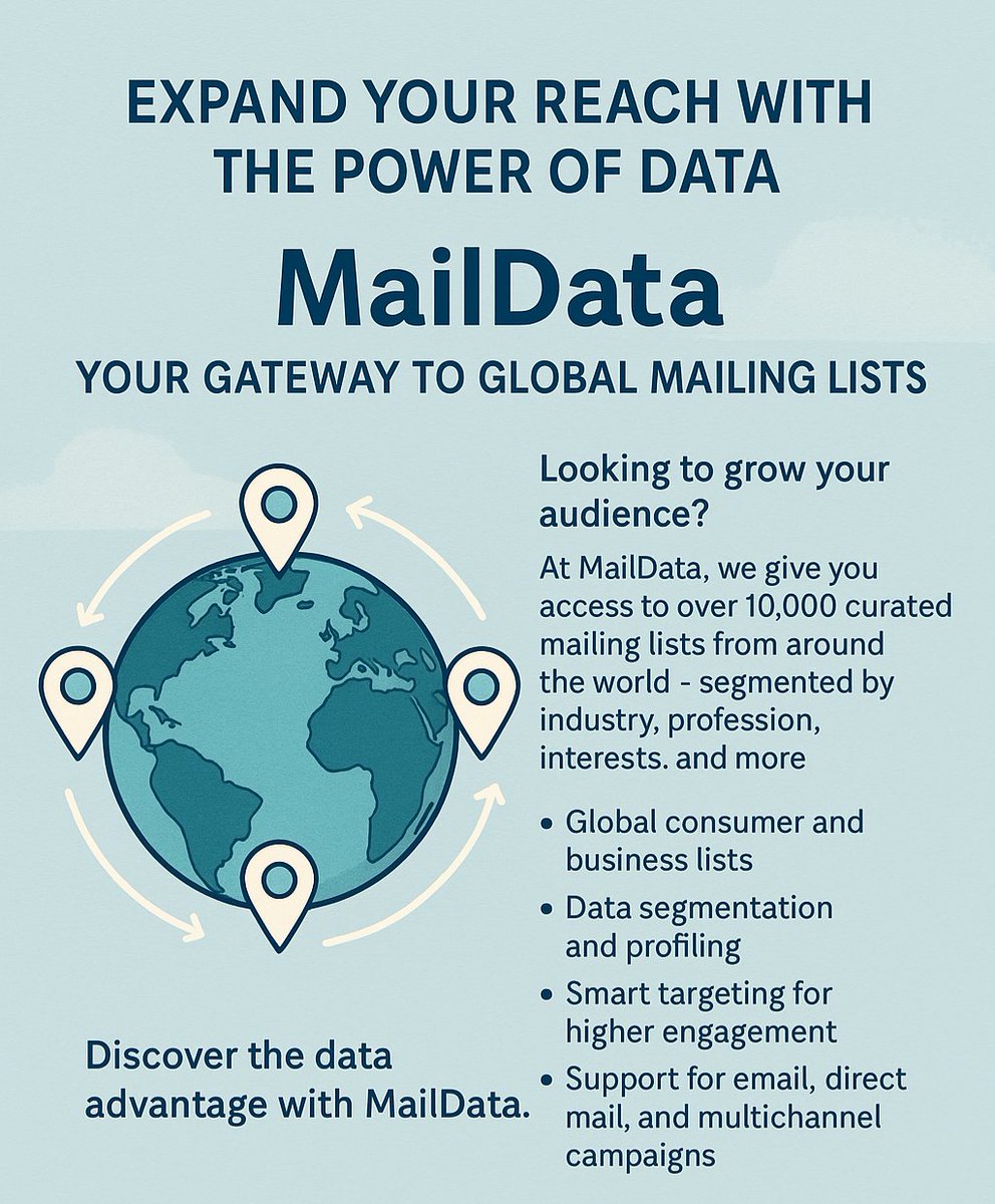 maildata's tweet photo. Looking to expand your reach?
MailData offers access to over 10,000 accurate, validated global mailing lists, helping you connect with the right audience every time. Discover the data advantage at https://t.co/CRCEr9N682
#MailingLists #DataSolutions #B2BMarketing #listbroker https://t.co/Ppp0UlkGe6