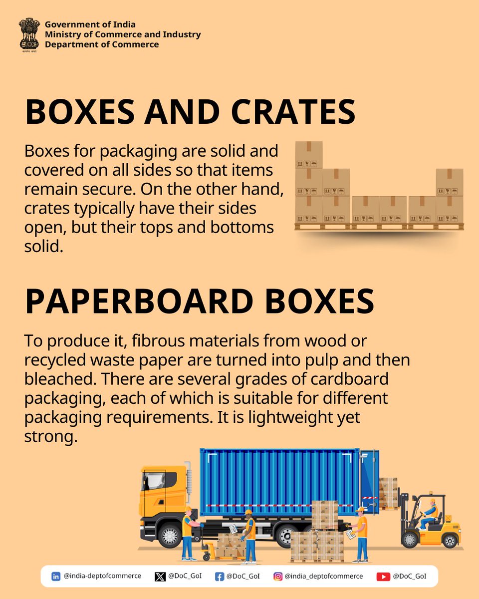 DoC_GoI's tweet photo. Explore the various types of packaging used in exports from crates and cardboard to plastic boxes. Each type serves a unique purpose in ensuring product safety, quality, and efficiency in transit.
Read in-depth here: https://t.co/H05OVcByfc
#TypesOfPackaging #ExportLogistics #DoC_GoI