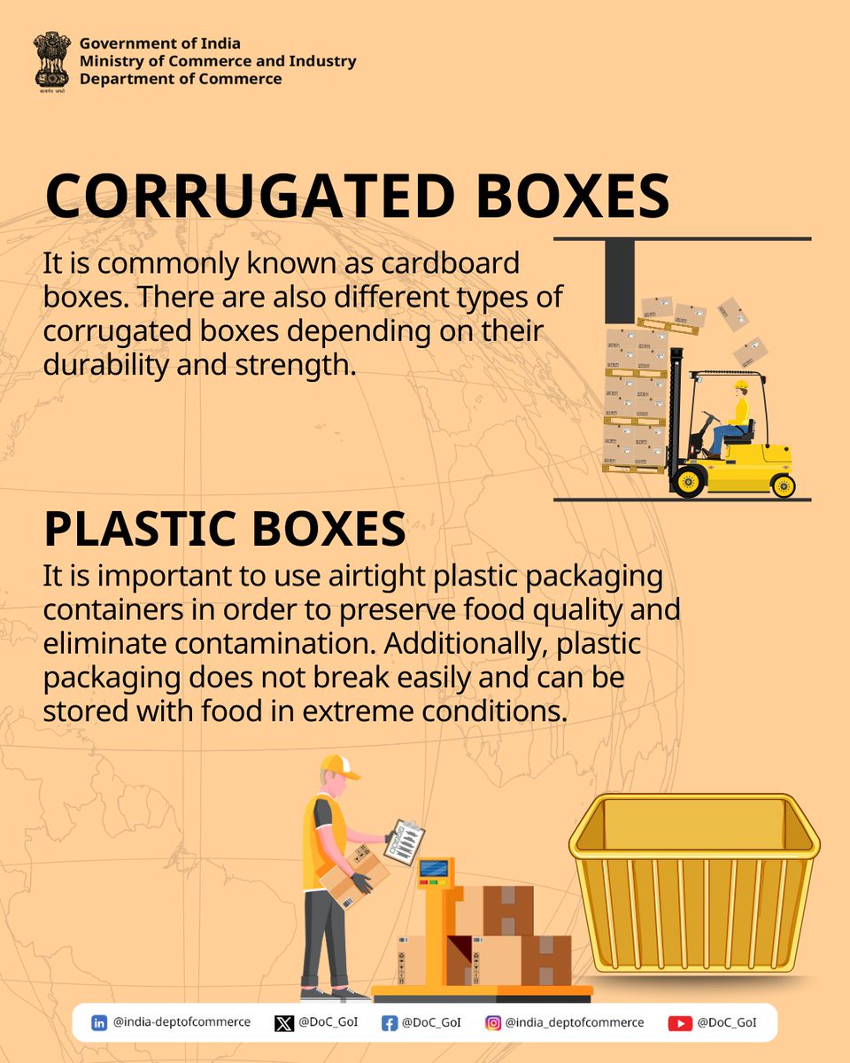DoC_GoI's tweet photo. Explore the various types of packaging used in exports from crates and cardboard to plastic boxes. Each type serves a unique purpose in ensuring product safety, quality, and efficiency in transit.
Read in-depth here: https://t.co/H05OVcByfc
#TypesOfPackaging #ExportLogistics #DoC_GoI
