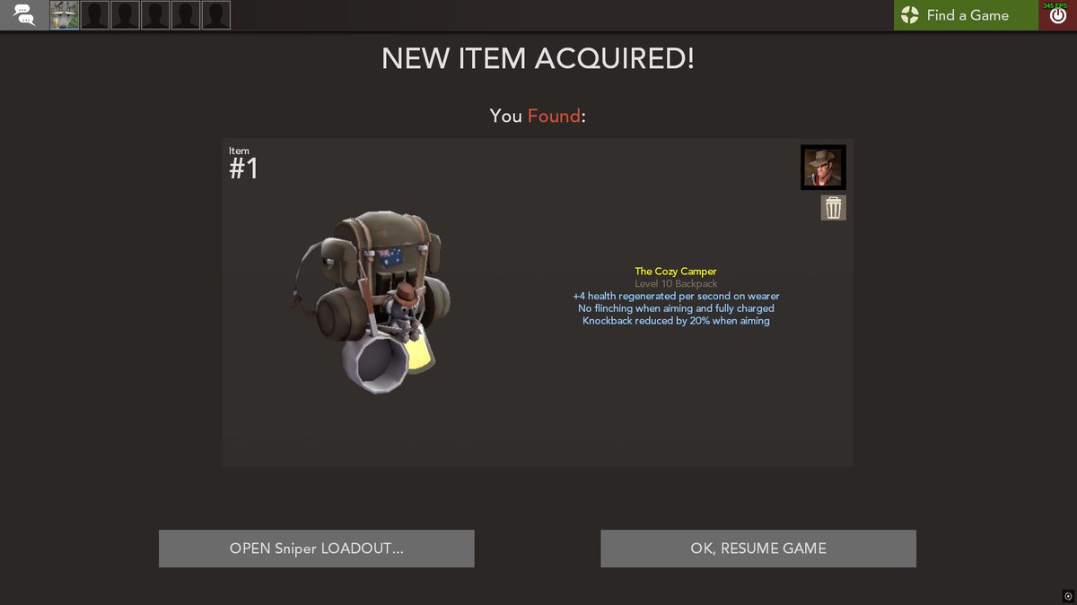 CantSniff's tweet photo. Almost a year ago I aquired the #manmelter inside of @TeamFortress by @valvesoftware. and what would you know! it seems like lightning does strike in the same place twice as I have just got my SECOND item drop!
Heres my first look at the #cozycamper! https://t.co/iblEO1zhkj
