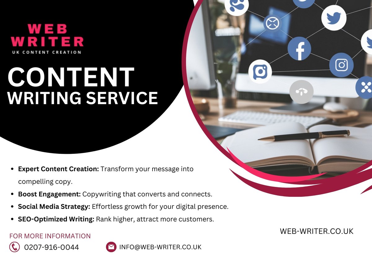 WebWriterUK's tweet photo. Struggling to grab your audience's attention? ✨ Web Writer UK creates content that hooks and converts. Based in London and the UK, we know how to make your voice stand out. Call us today: https://t.co/hGA41BDwLe https://t.co/Ehscvv3xVy